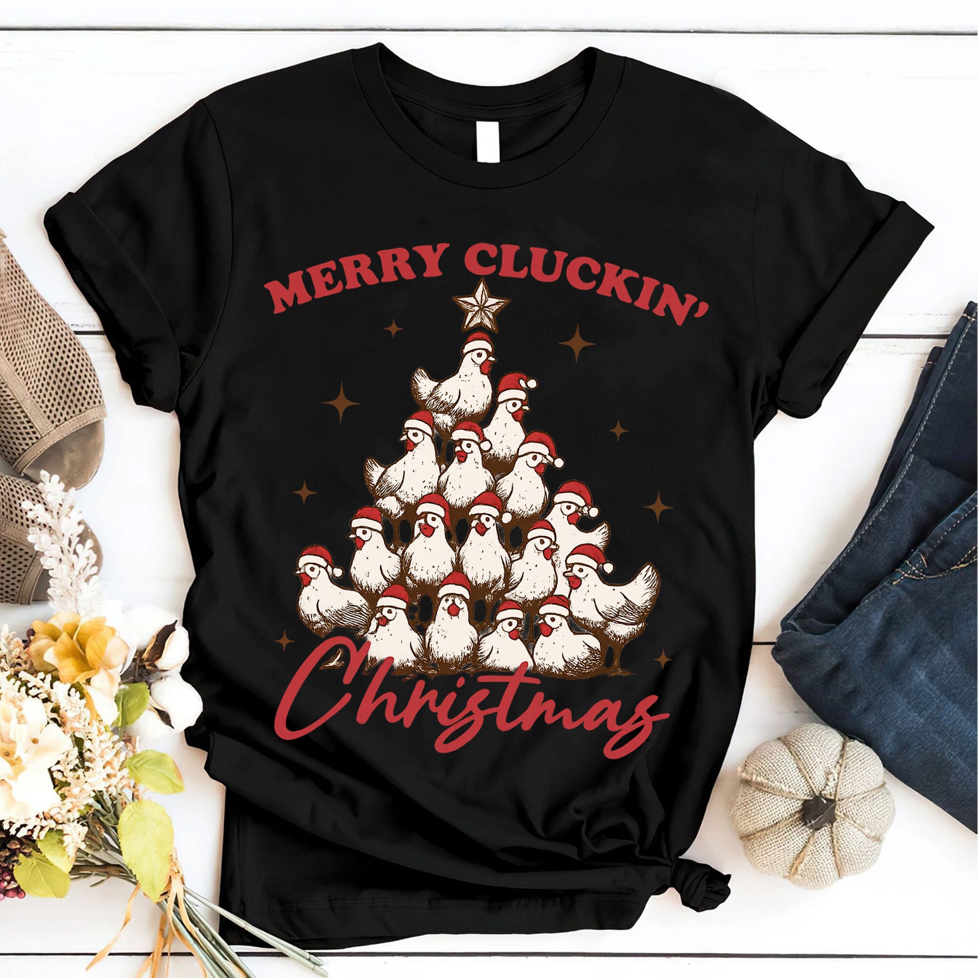 Unique Christmas Chicken Tree T-Shirt - Merry Cluckin' Christmas Funny Vintage Graphic Tee, Perfect for Holiday Celebrations
 - 6
