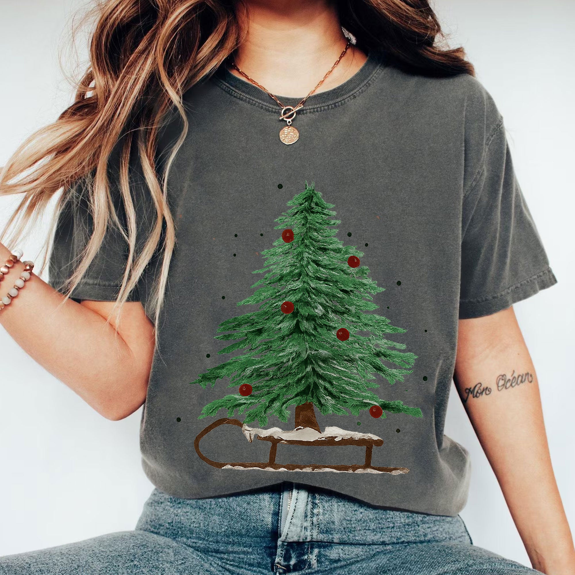 Vintage Christmas Tree Graphic T-Shirt for Women - Festive Holiday Short Sleeve Tee with Tree and Sleigh Design - Casual Winter Top
 - 1