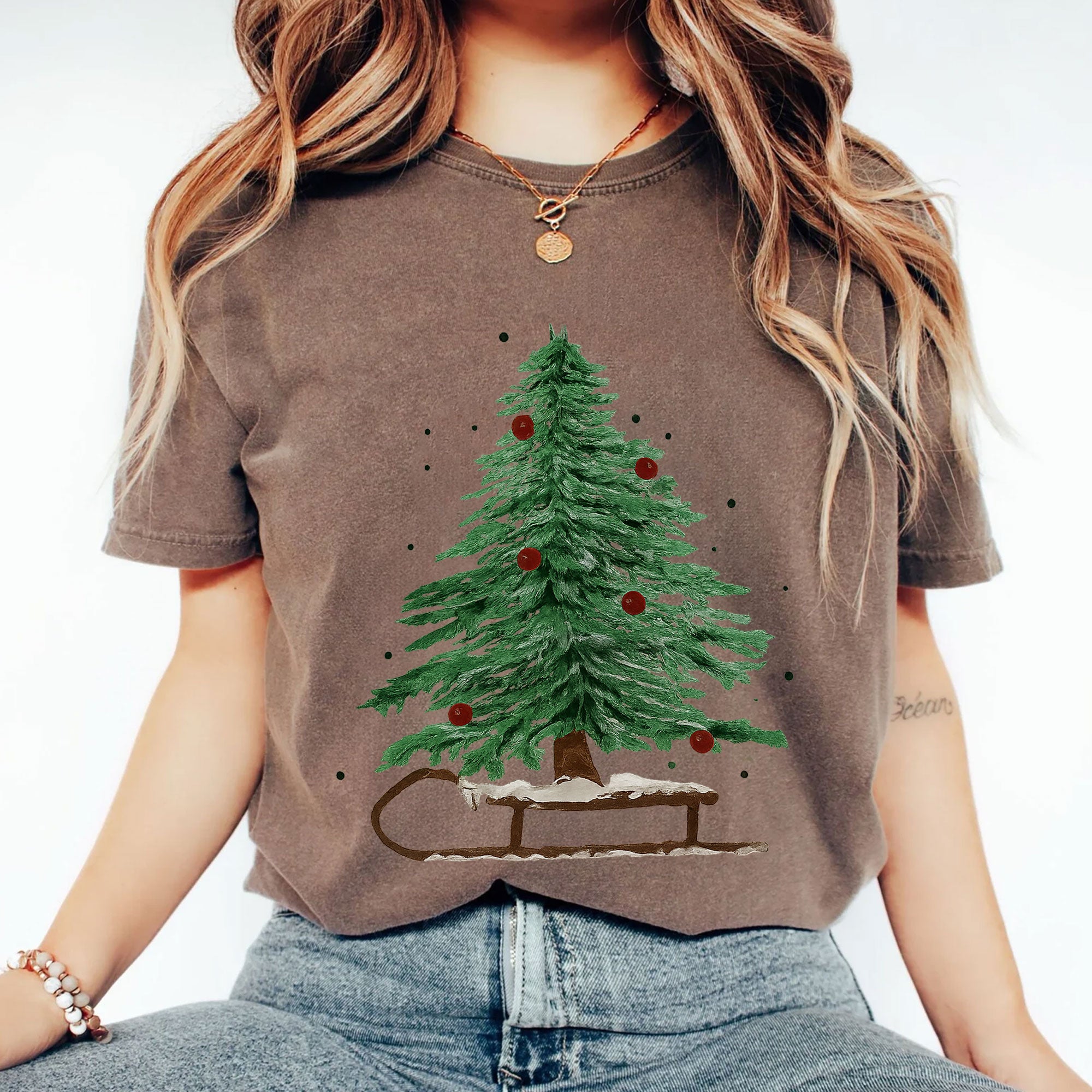 Vintage Christmas Tree Graphic T-Shirt for Women - Festive Holiday Short Sleeve Tee with Tree and Sleigh Design - Casual Winter Top
 - 2