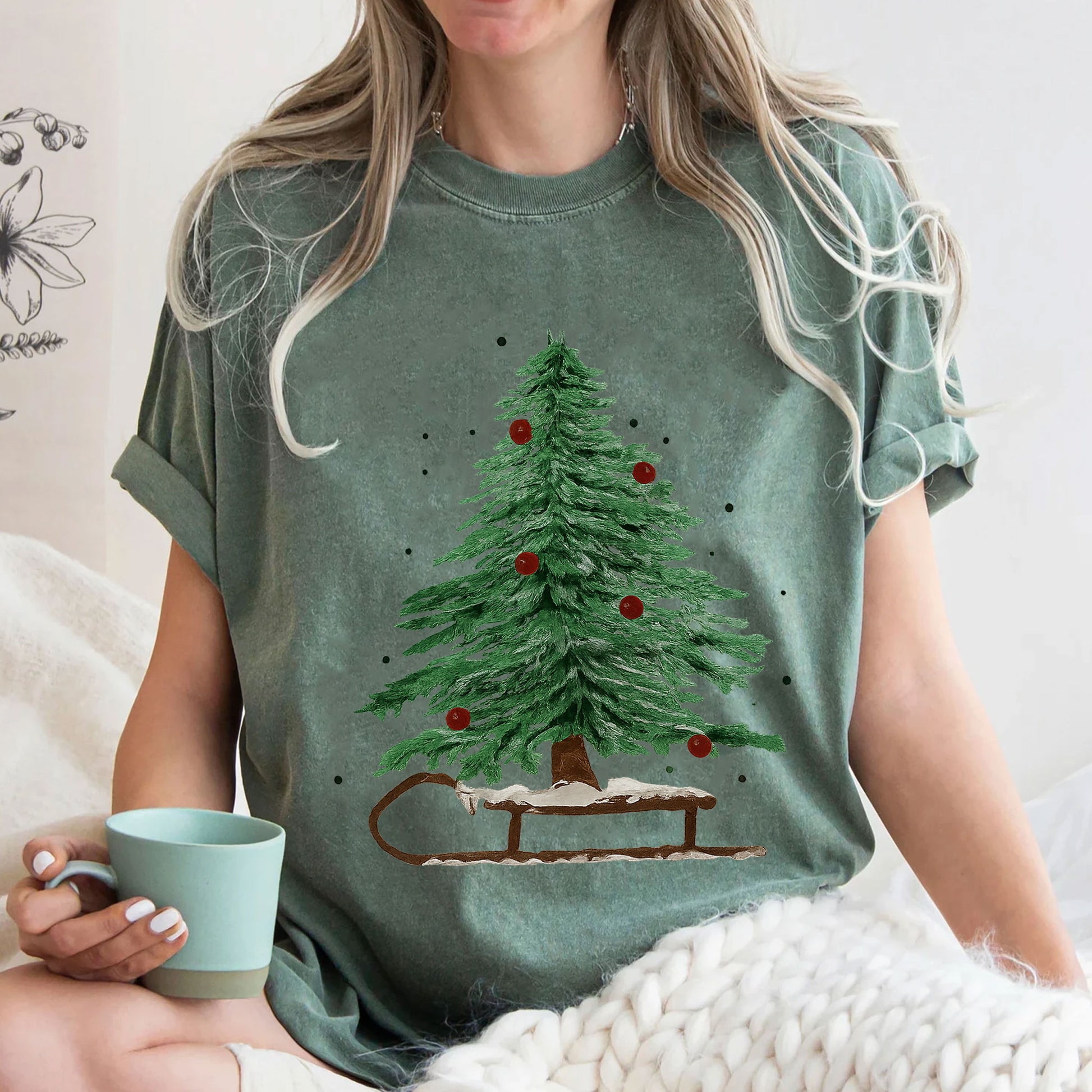 Vintage Christmas Tree Graphic T-Shirt for Women - Festive Holiday Short Sleeve Tee with Tree and Sleigh Design - Casual Winter Top
 - 3