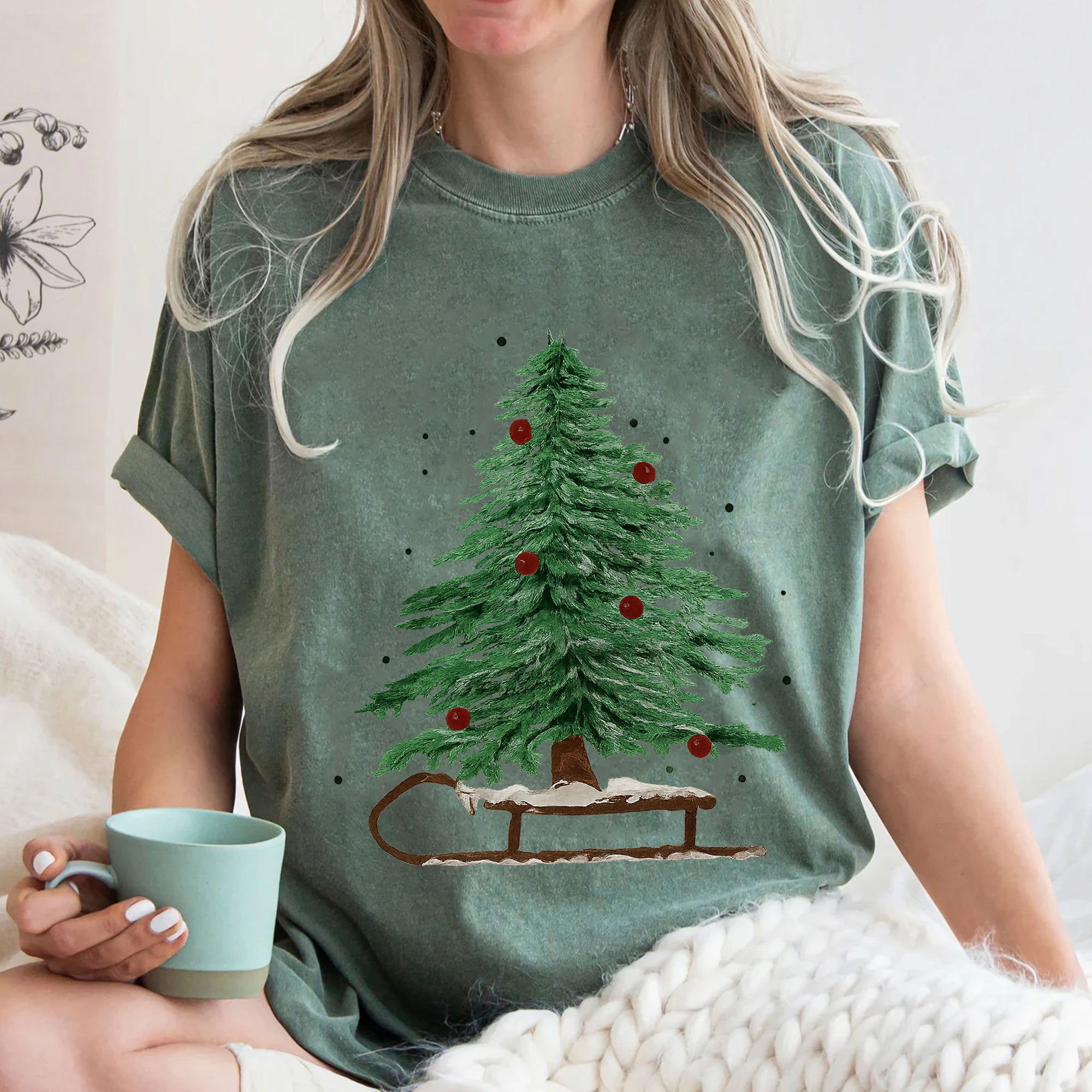 Vintage Christmas Tree Graphic T-Shirt for Women - Festive Holiday Short Sleeve Tee with Tree and Sleigh Design - Casual Winter Top
 - 3