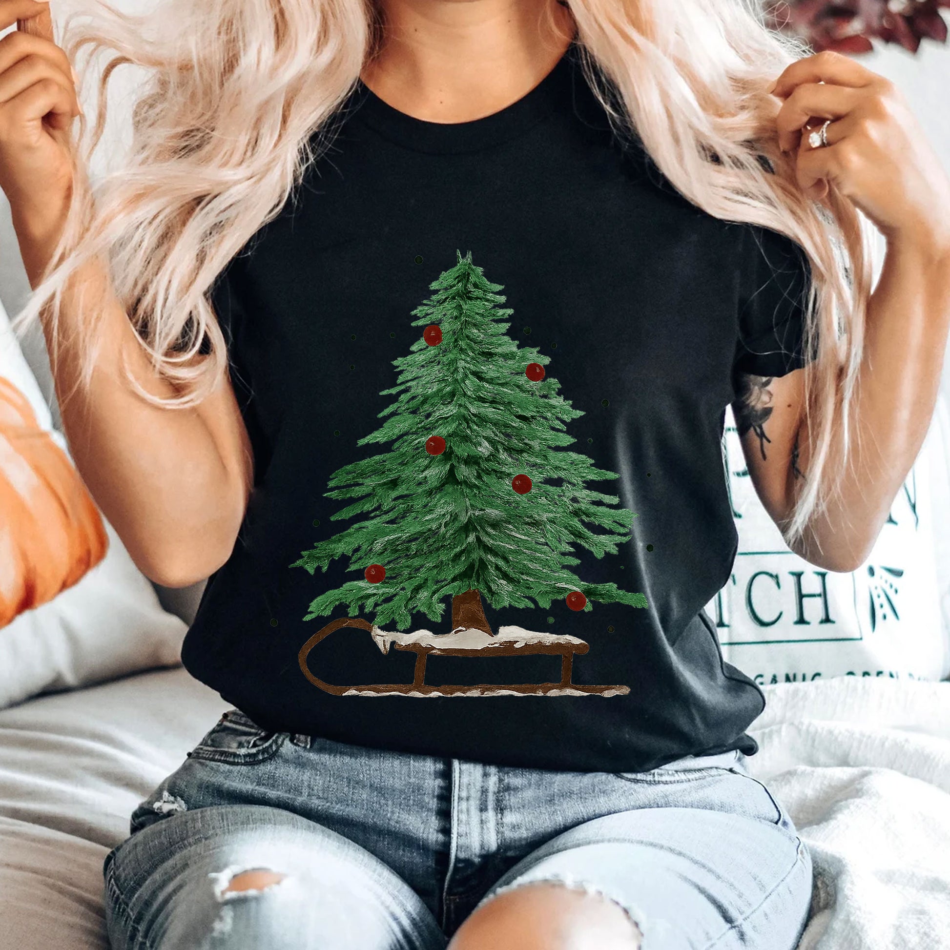 Vintage Christmas Tree Graphic T-Shirt for Women - Festive Holiday Short Sleeve Tee with Tree and Sleigh Design - Casual Winter Top
 - 4