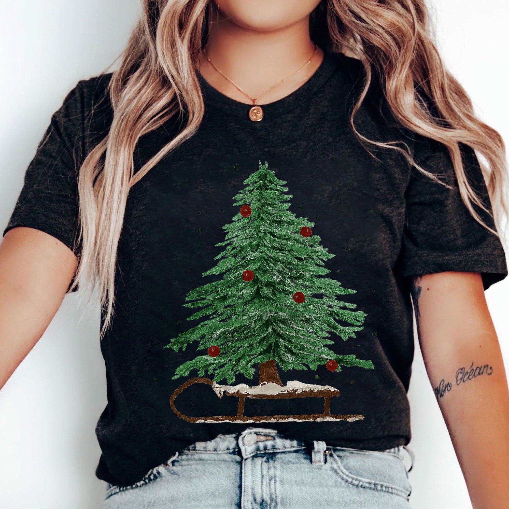 Vintage Christmas Tree Graphic T-Shirt for Women - Festive Holiday Short Sleeve Tee with Tree and Sleigh Design - Casual Winter Top
 - 5