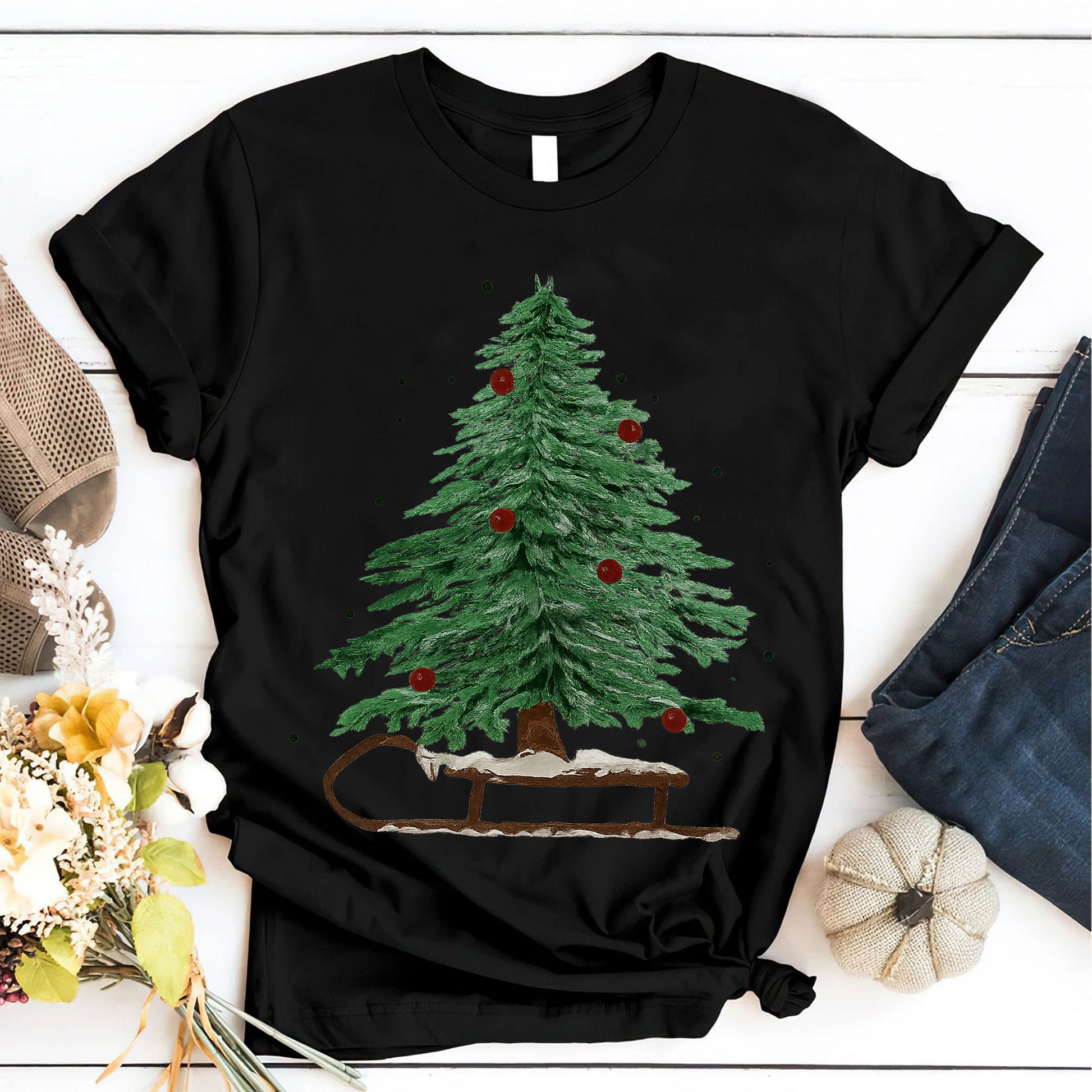 Vintage Christmas Tree Graphic T-Shirt for Women - Festive Holiday Short Sleeve Tee with Tree and Sleigh Design - Casual Winter Top
 - 6