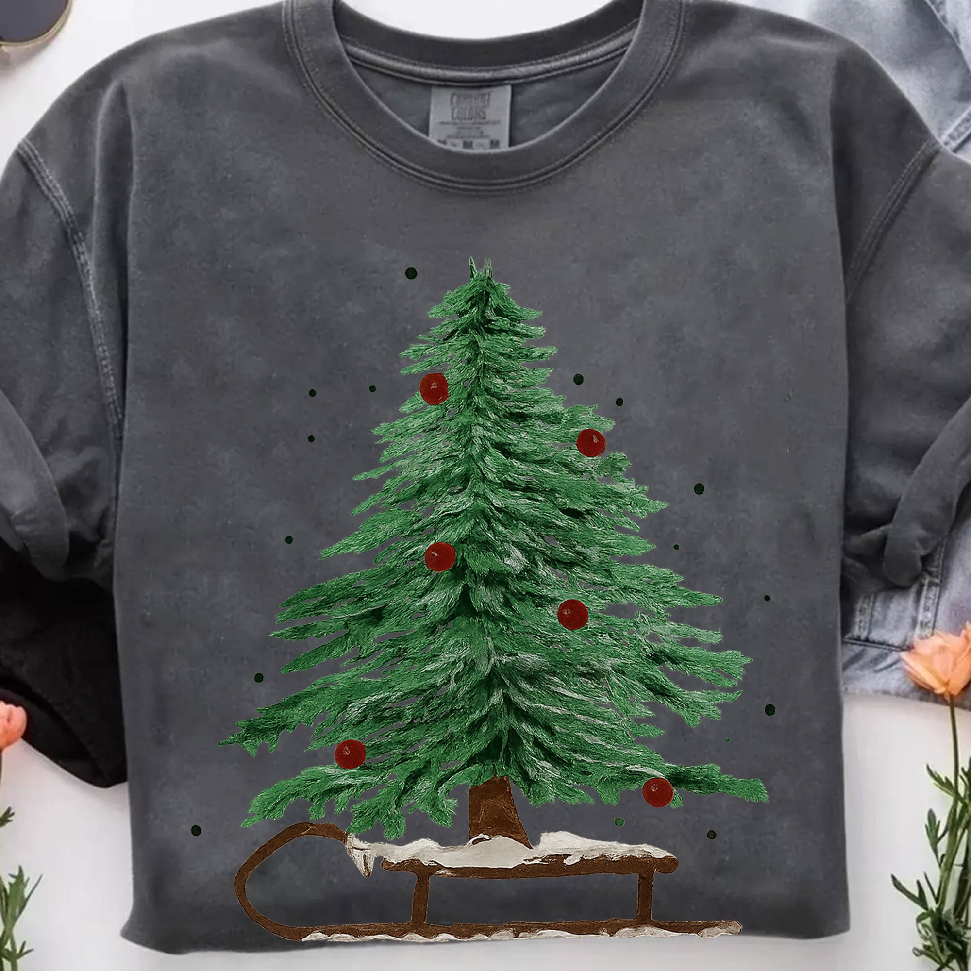 Vintage Christmas Tree Graphic T-Shirt for Women - Festive Holiday Short Sleeve Tee with Tree and Sleigh Design - Casual Winter Top
 - 7