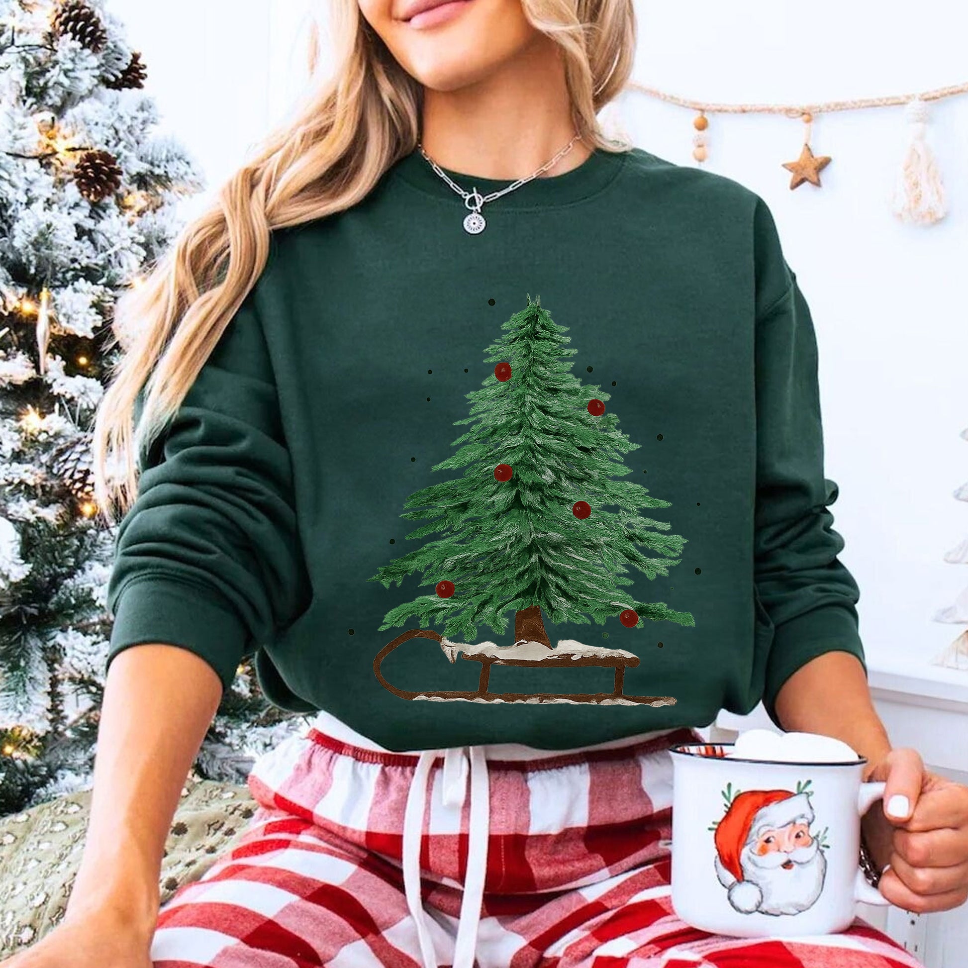 Vintage Christmas Tree Graphic T-Shirt for Women - Festive Holiday Short Sleeve Tee with Tree and Sleigh Design - Casual Winter Top
 - 8