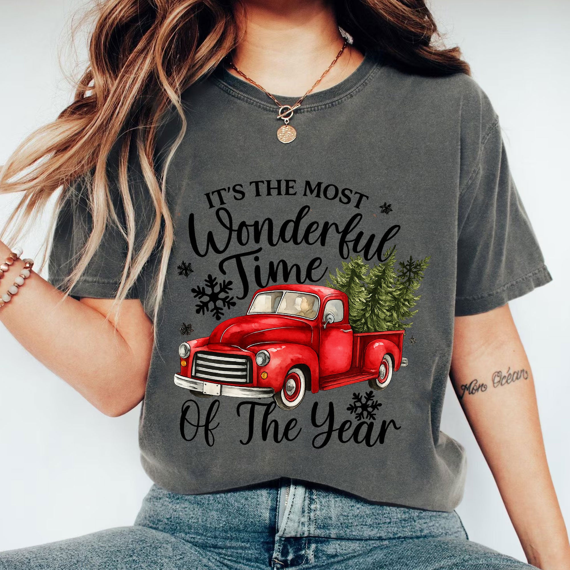 Vintage Christmas Truck T-Shirt - Most Wonderful Time of the Year Festive Graphic Tee - Cozy Winter Holiday Apparel for Women
 - 1