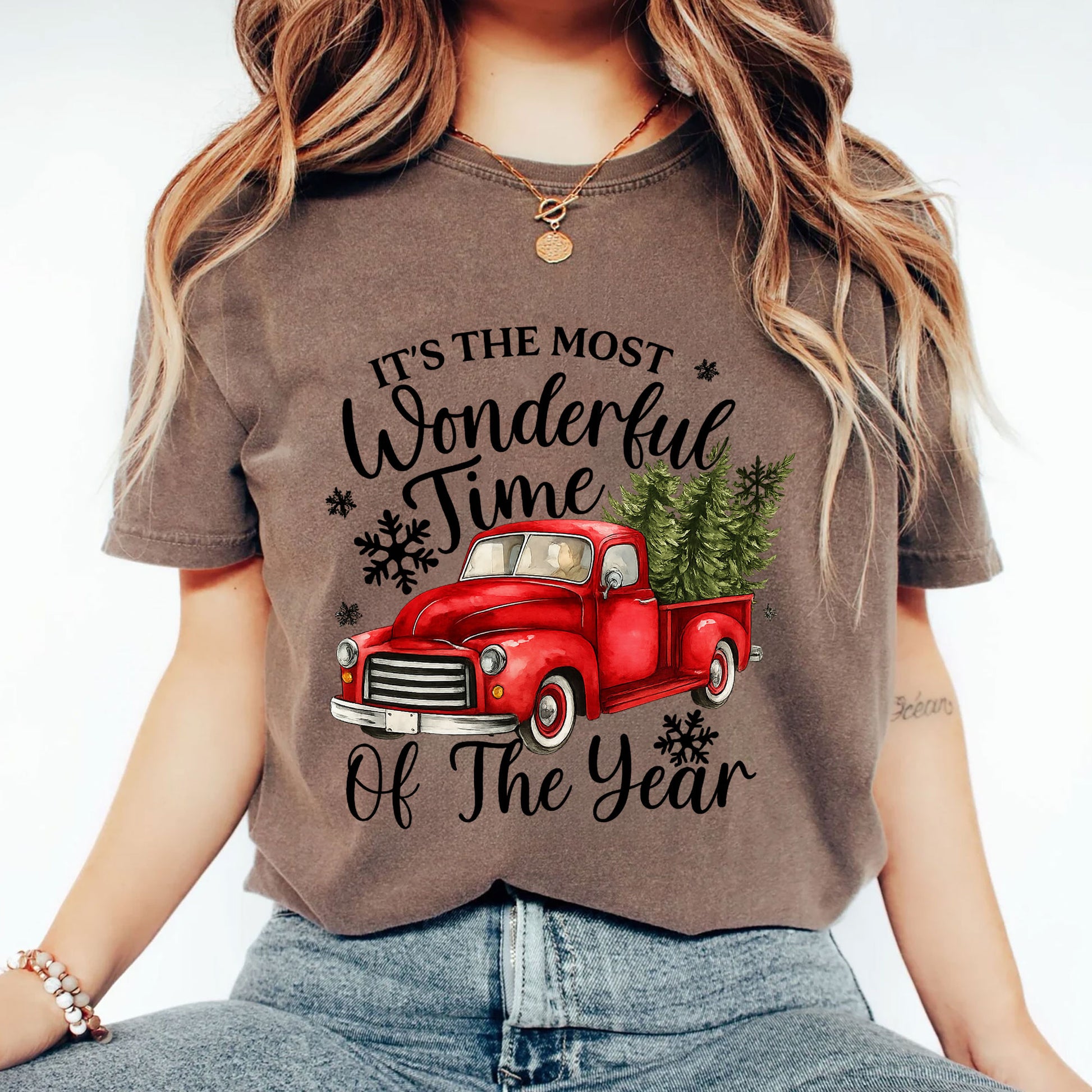 Vintage Christmas Truck T-Shirt - Most Wonderful Time of the Year Festive Graphic Tee - Cozy Winter Holiday Apparel for Women
 - 2