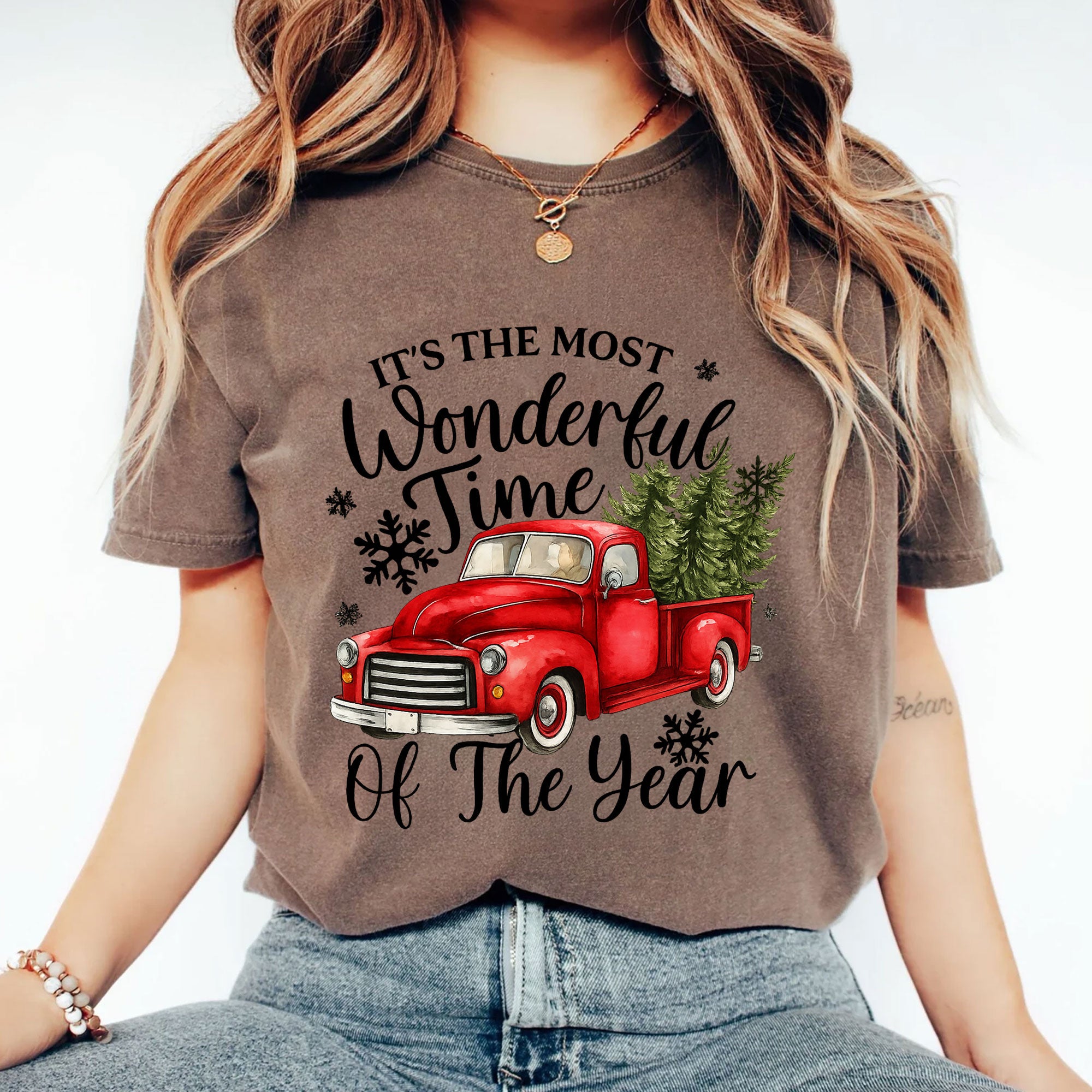 Vintage Christmas Truck T-Shirt - Most Wonderful Time of the Year Festive Graphic Tee - Cozy Winter Holiday Apparel for Women
 - 2