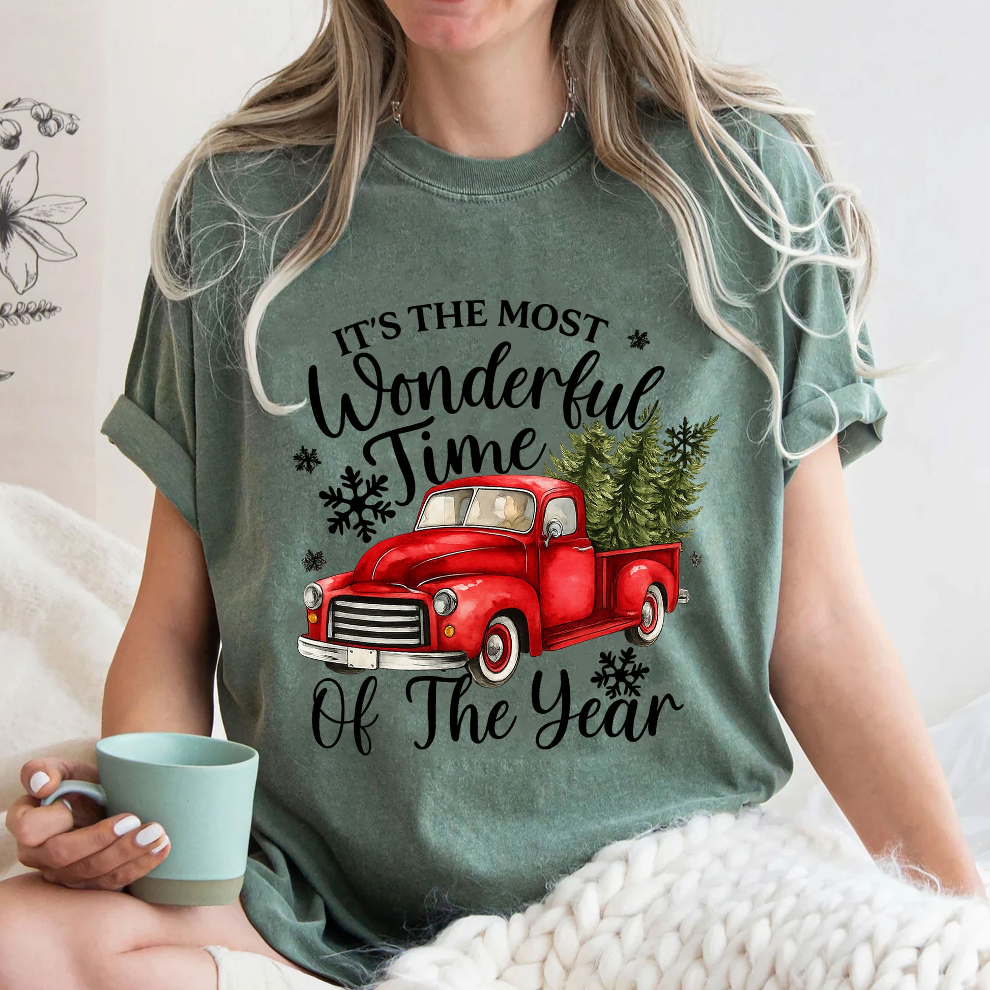 Vintage Christmas Truck T-Shirt - Most Wonderful Time of the Year Festive Graphic Tee - Cozy Winter Holiday Apparel for Women
 - 3