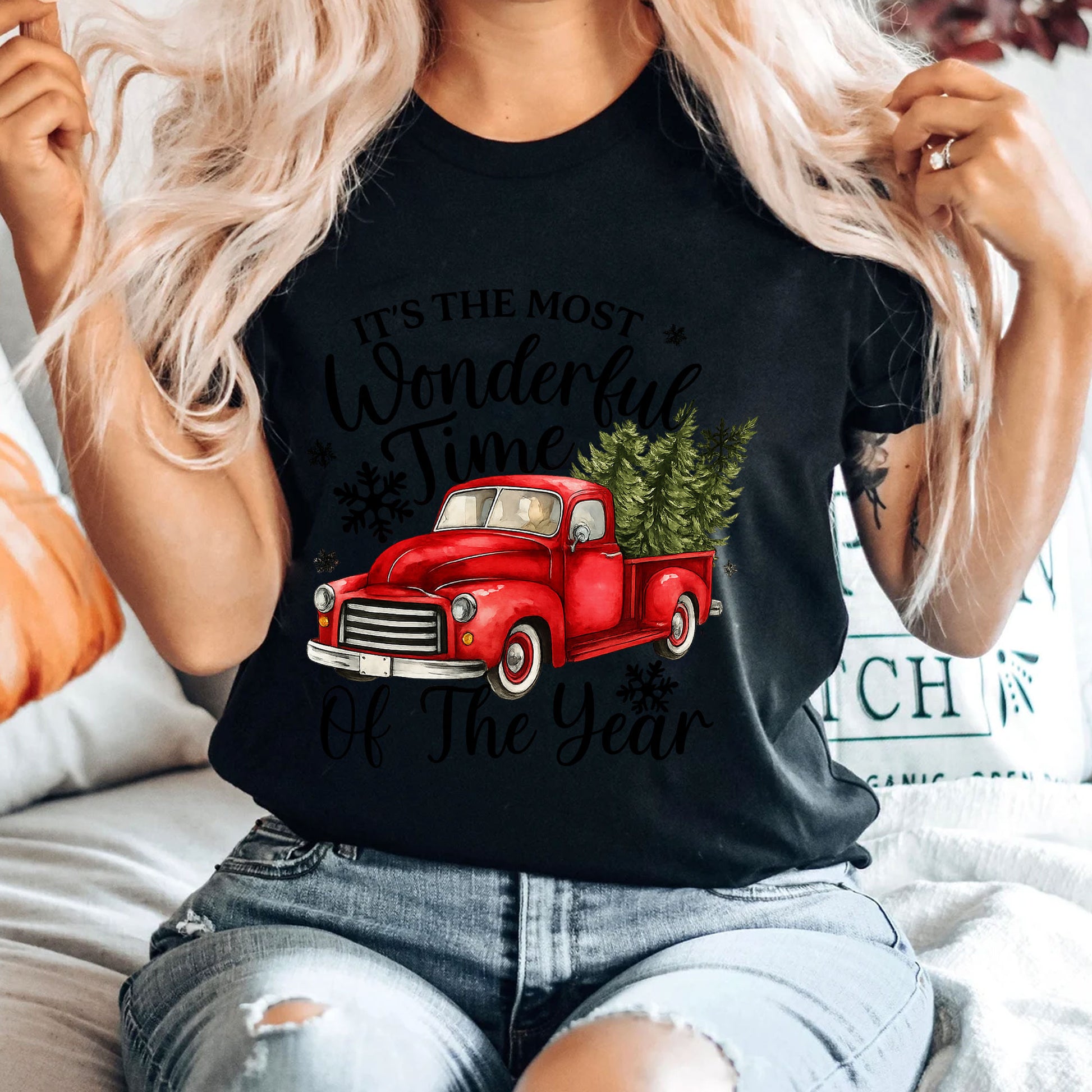 Vintage Christmas Truck T-Shirt - Most Wonderful Time of the Year Festive Graphic Tee - Cozy Winter Holiday Apparel for Women
 - 4