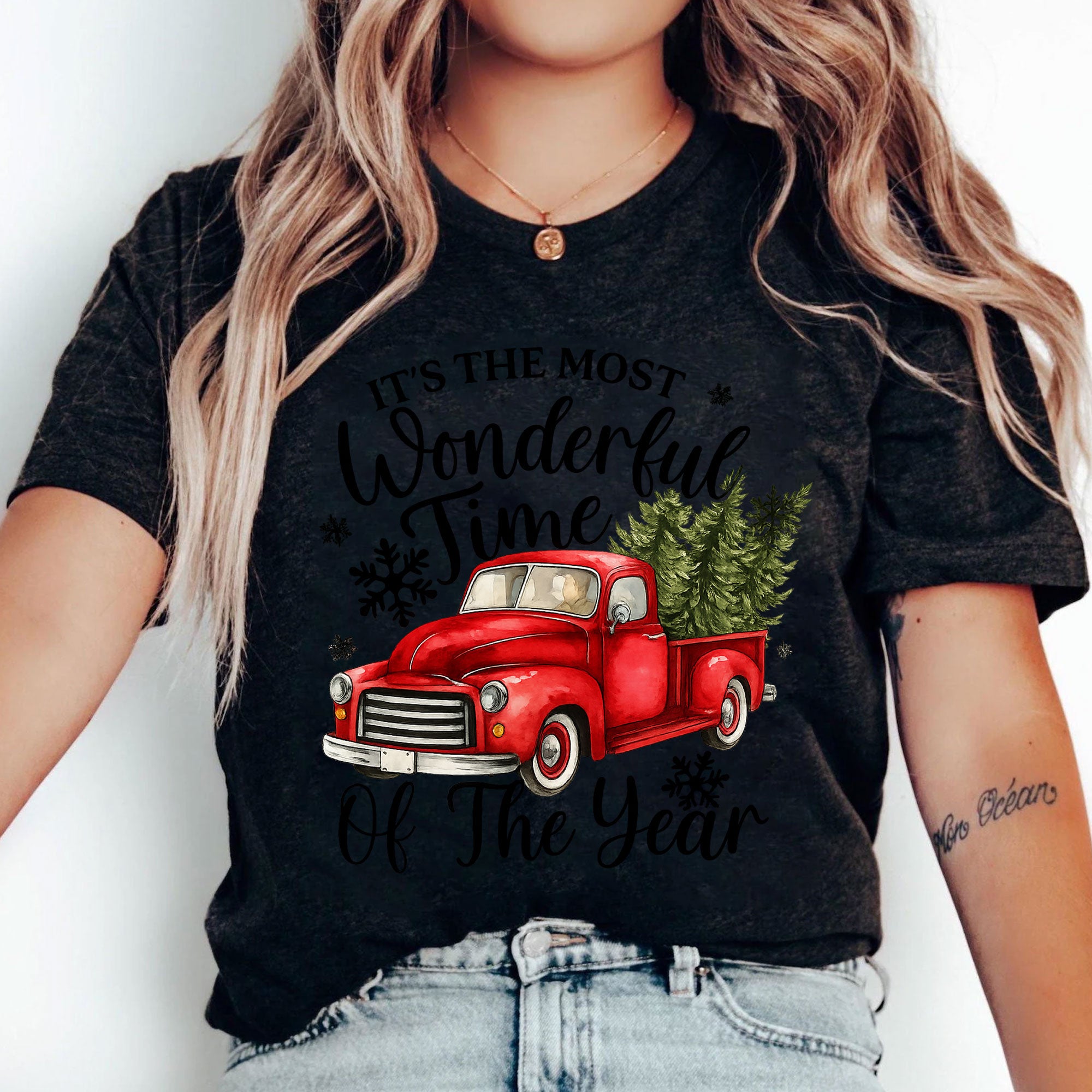 Vintage Christmas Truck T-Shirt - Most Wonderful Time of the Year Festive Graphic Tee - Cozy Winter Holiday Apparel for Women
 - 5