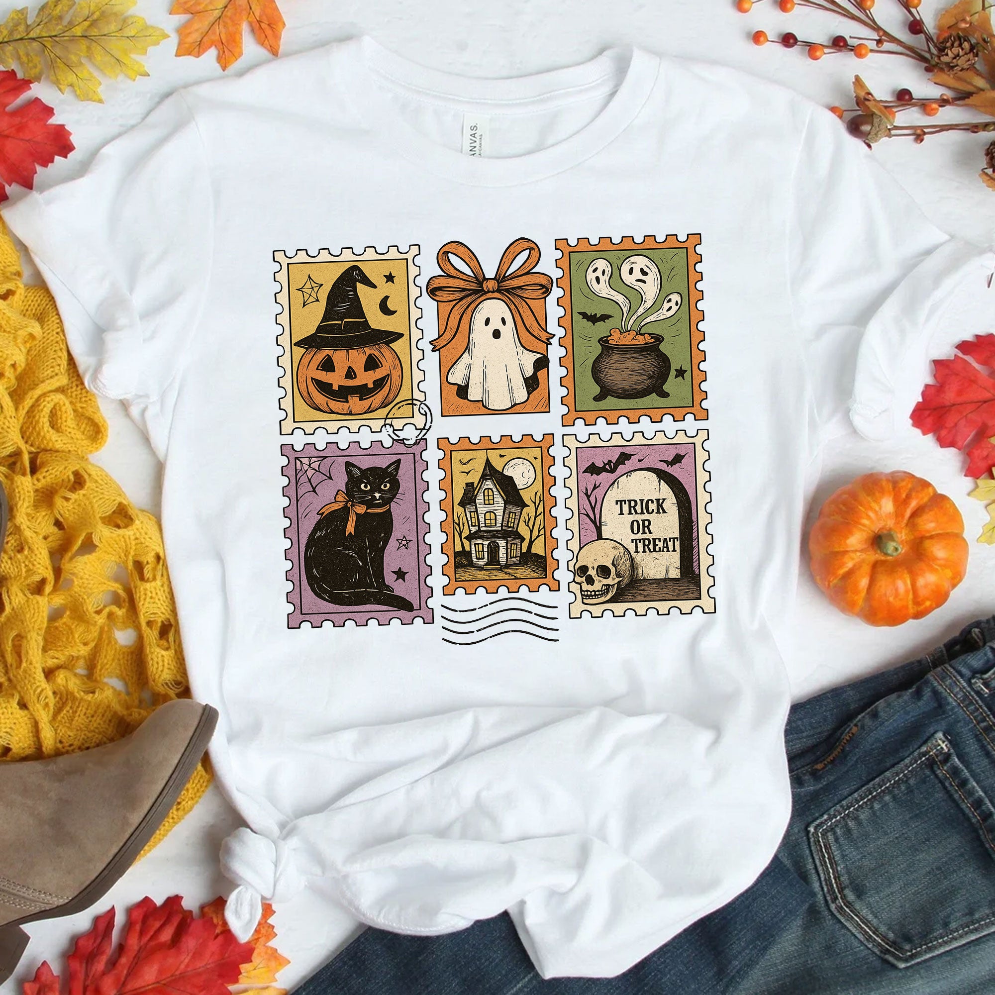 Vintage Halloween Shirt - Ghost, Pumpkin, Witch Hat, Cat, and Trick or Treat Designs for Spooky Seasonal Style Apparel
 - 1
