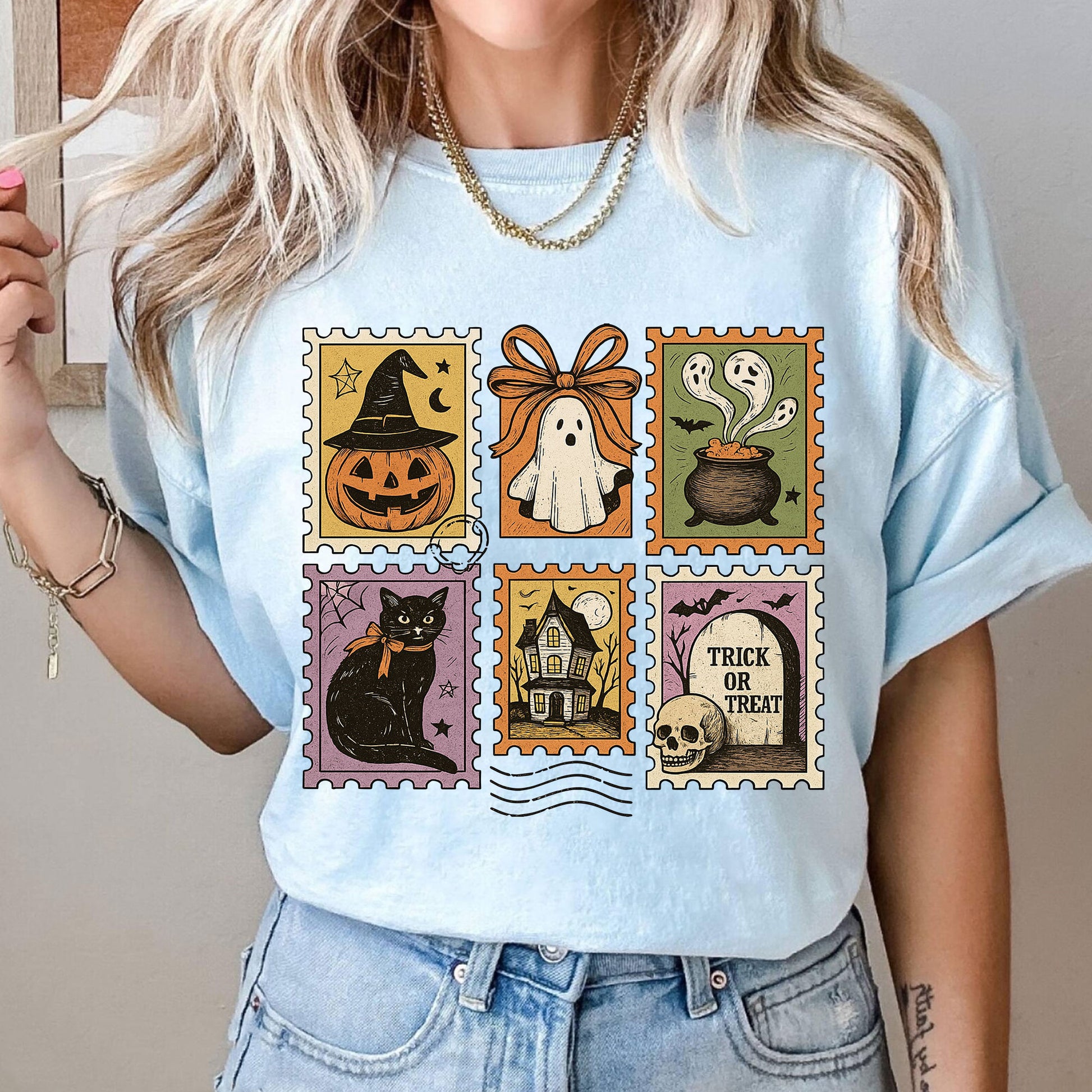Vintage Halloween Shirt - Ghost, Pumpkin, Witch Hat, Cat, and Trick or Treat Designs for Spooky Seasonal Style Apparel
 - 10