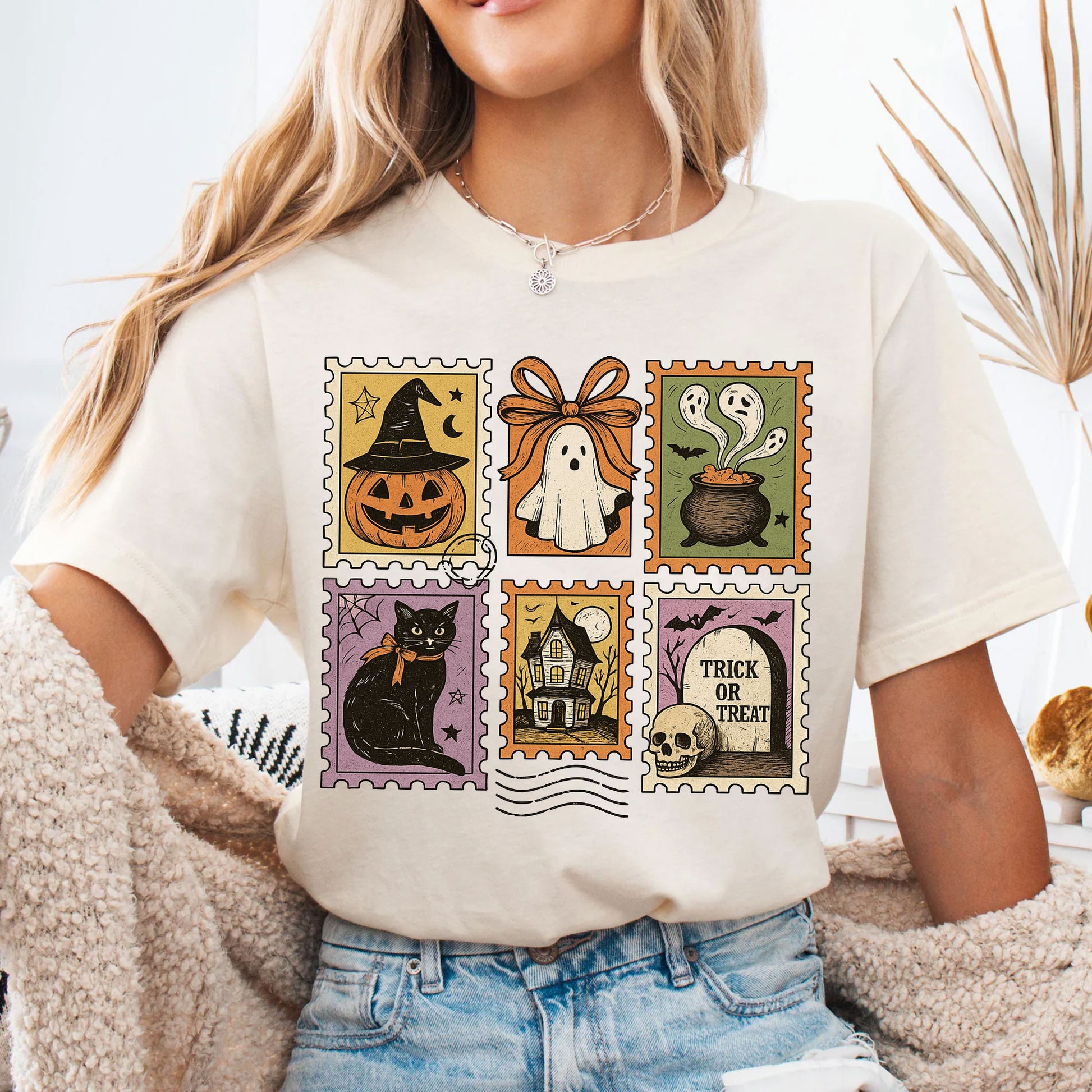 Vintage Halloween Shirt - Ghost, Pumpkin, Witch Hat, Cat, and Trick or Treat Designs for Spooky Seasonal Style Apparel
 - 4