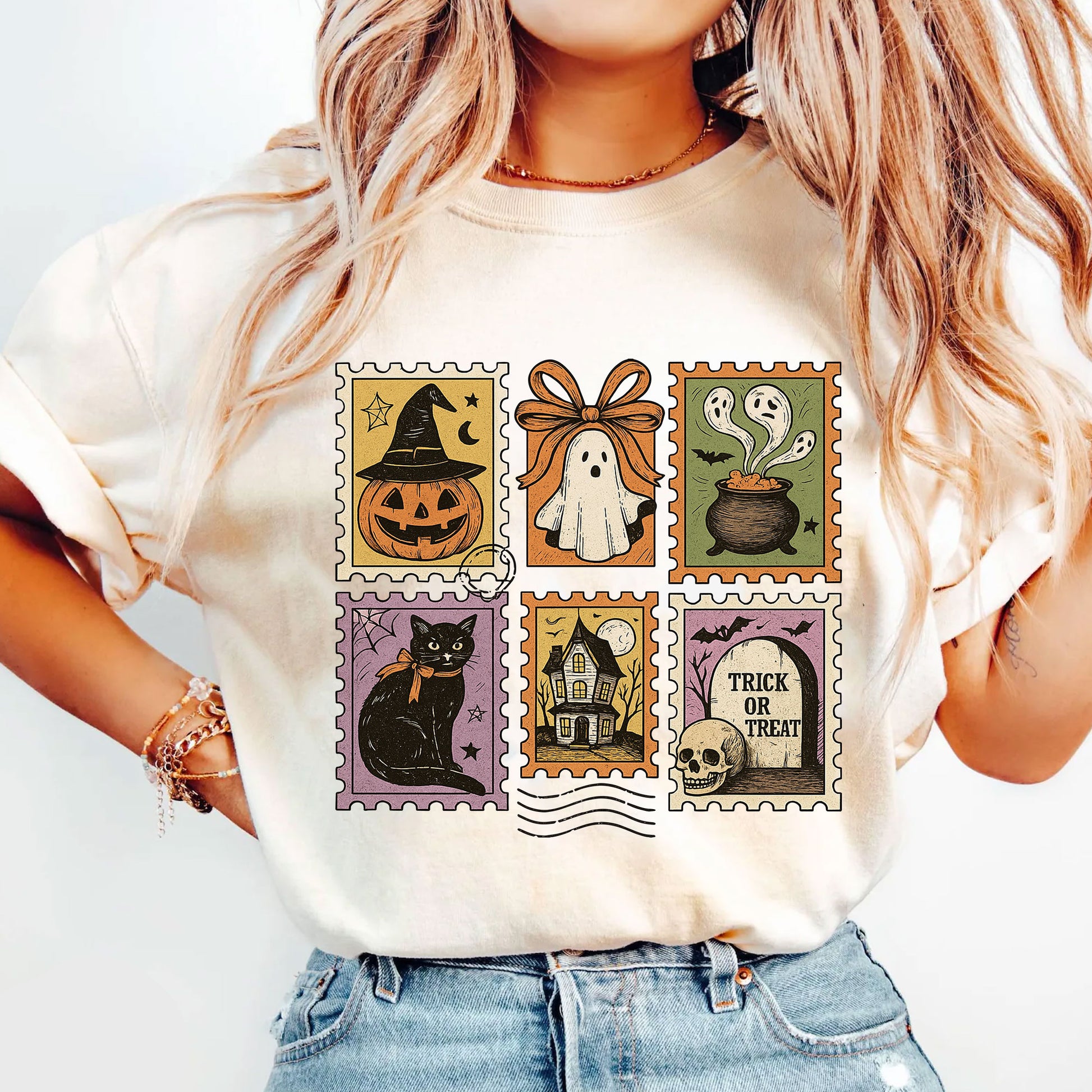 Vintage Halloween Shirt - Ghost, Pumpkin, Witch Hat, Cat, and Trick or Treat Designs for Spooky Seasonal Style Apparel
 - 5