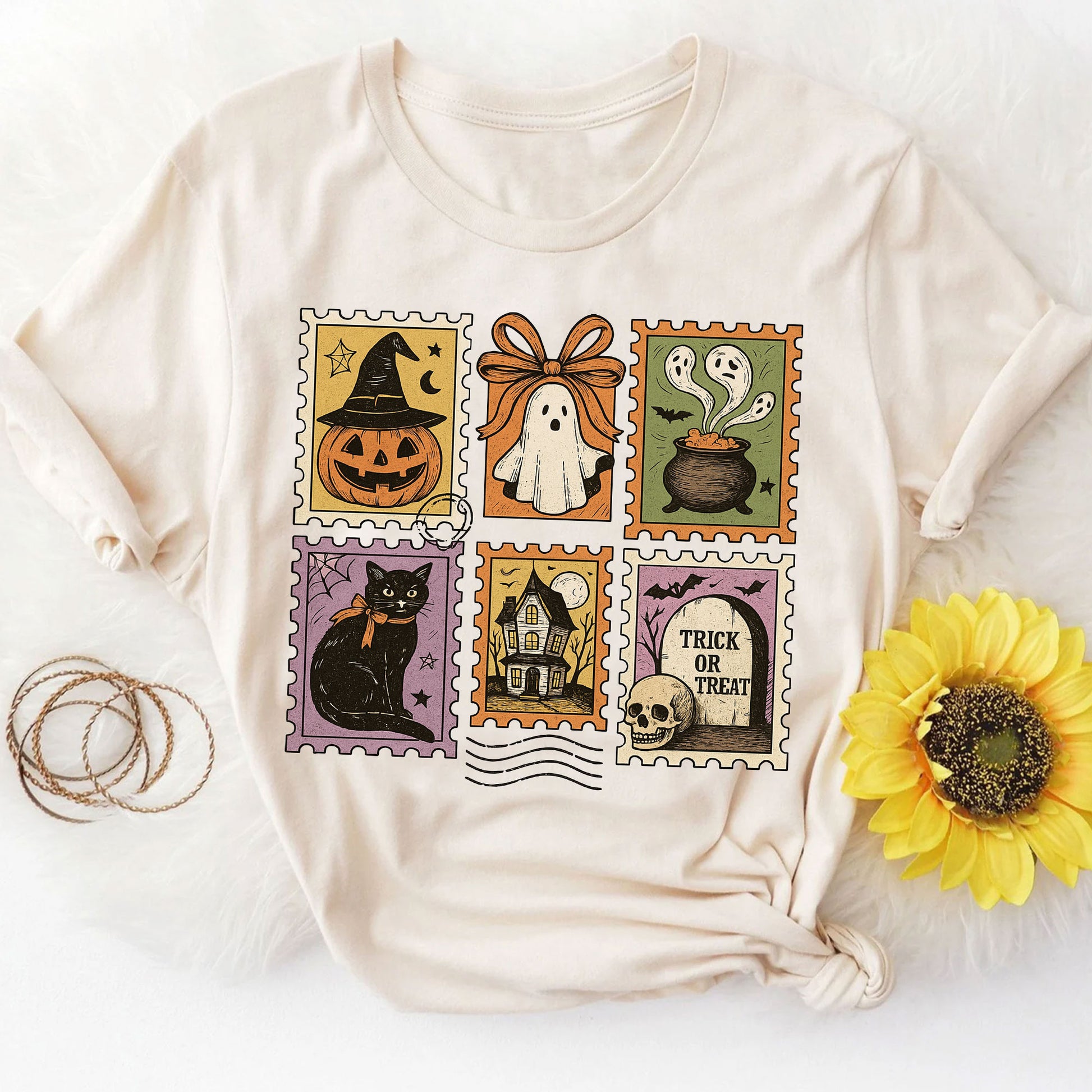 Vintage Halloween Shirt - Ghost, Pumpkin, Witch Hat, Cat, and Trick or Treat Designs for Spooky Seasonal Style Apparel
 - 8
