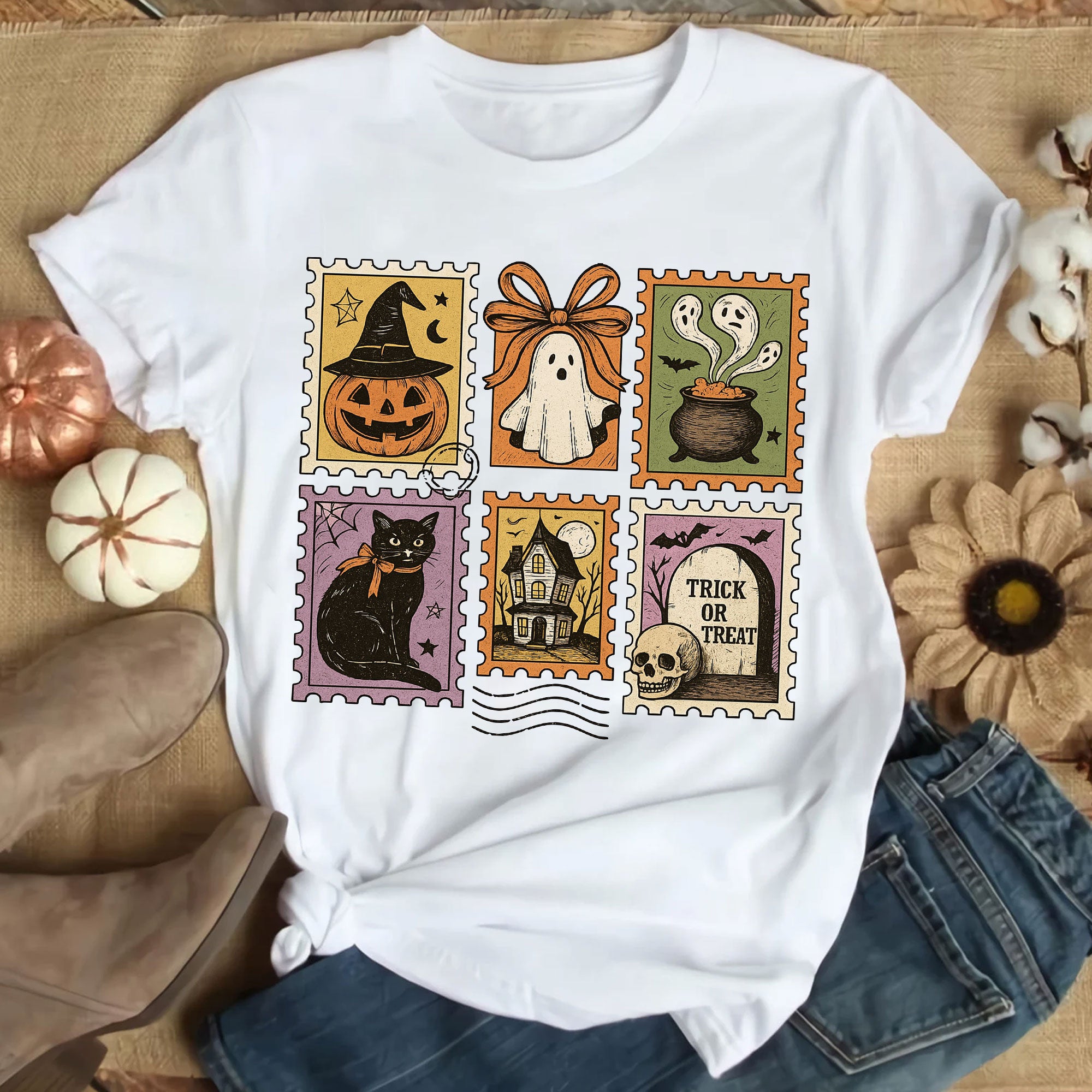 Vintage Halloween Shirt - Ghost, Pumpkin, Witch Hat, Cat, and Trick or Treat Designs for Spooky Seasonal Style Apparel
 - 9