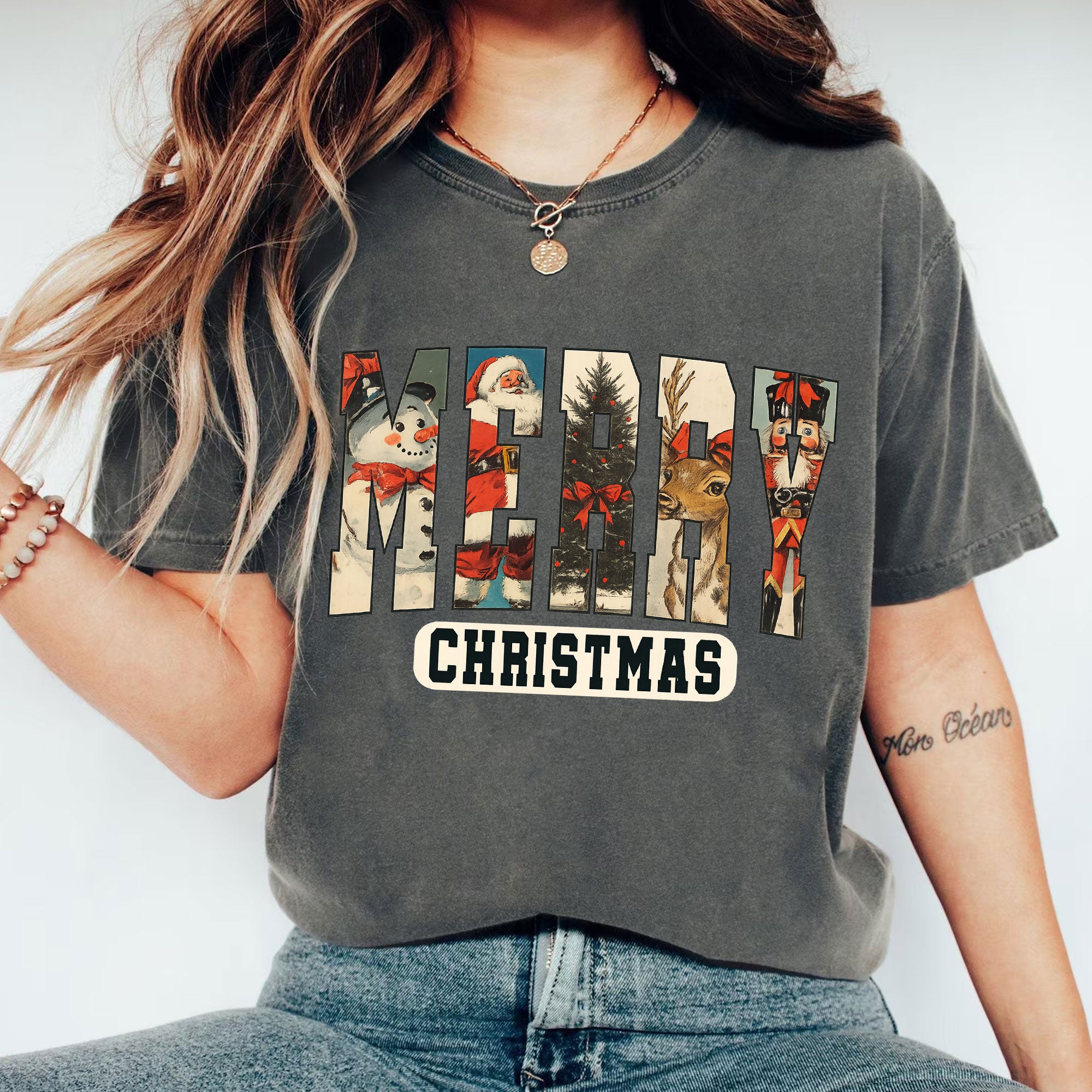 Vintage Merry Christmas T-Shirt – Festive Holiday Graphic Tee with Santa, Reindeer, Snowman and Classic Elements for Women
 - 1