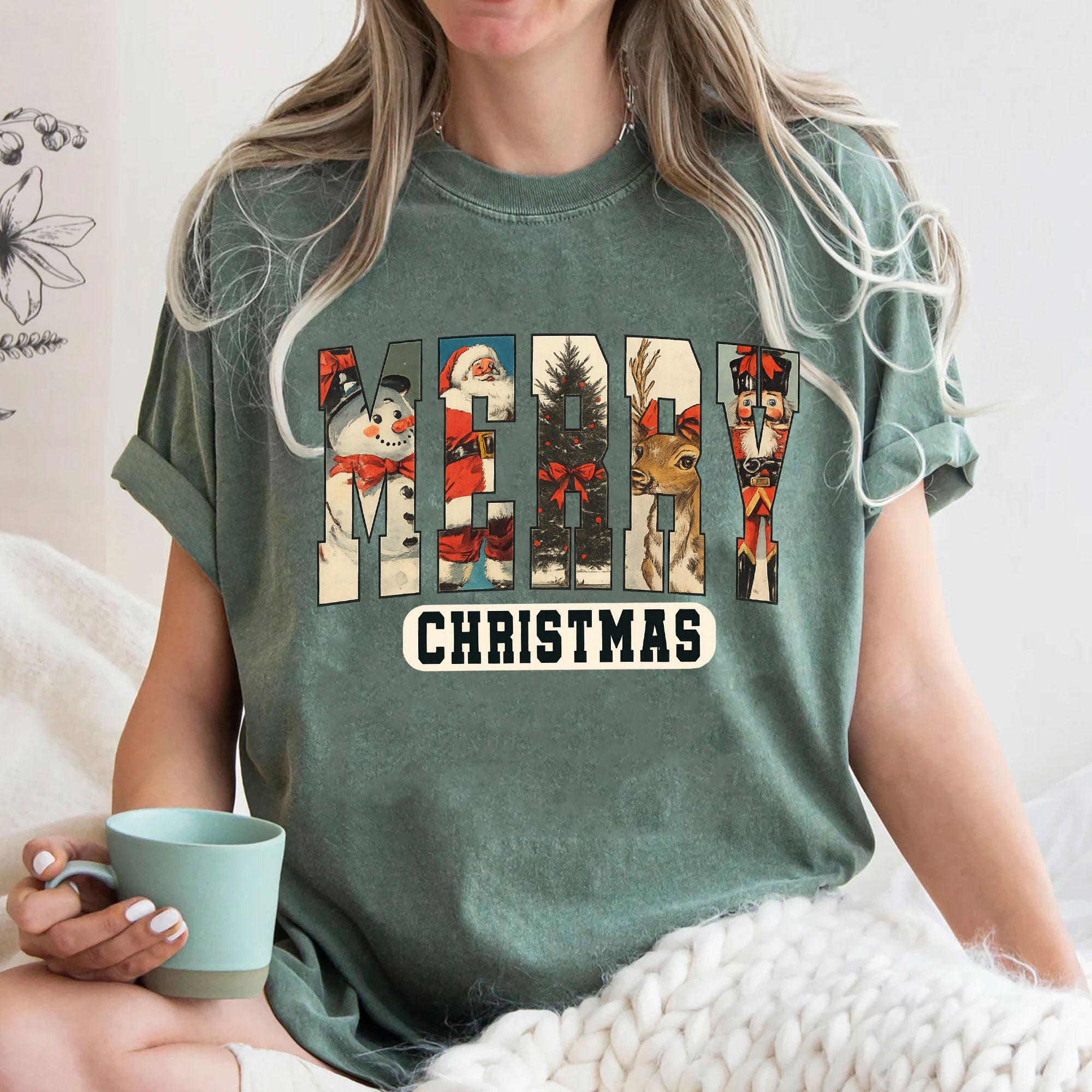 Vintage Merry Christmas T-Shirt – Festive Holiday Graphic Tee with Santa, Reindeer, Snowman and Classic Elements for Women
 - 3