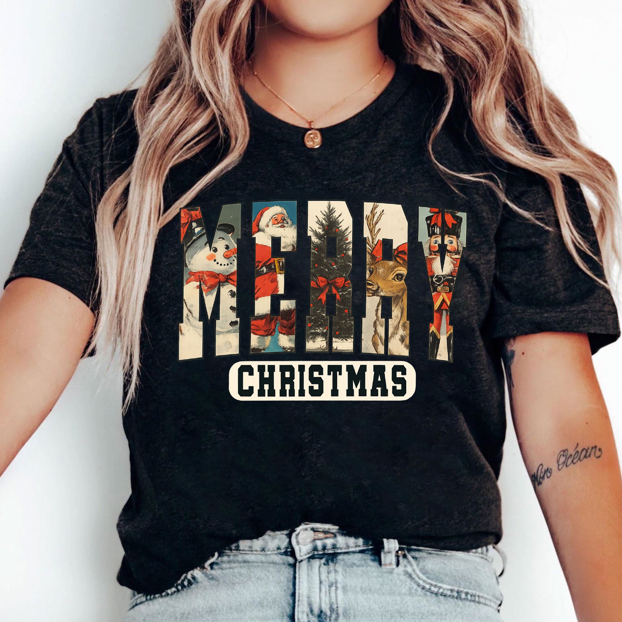 Vintage Merry Christmas T-Shirt – Festive Holiday Graphic Tee with Santa, Reindeer, Snowman and Classic Elements for Women
 - 5