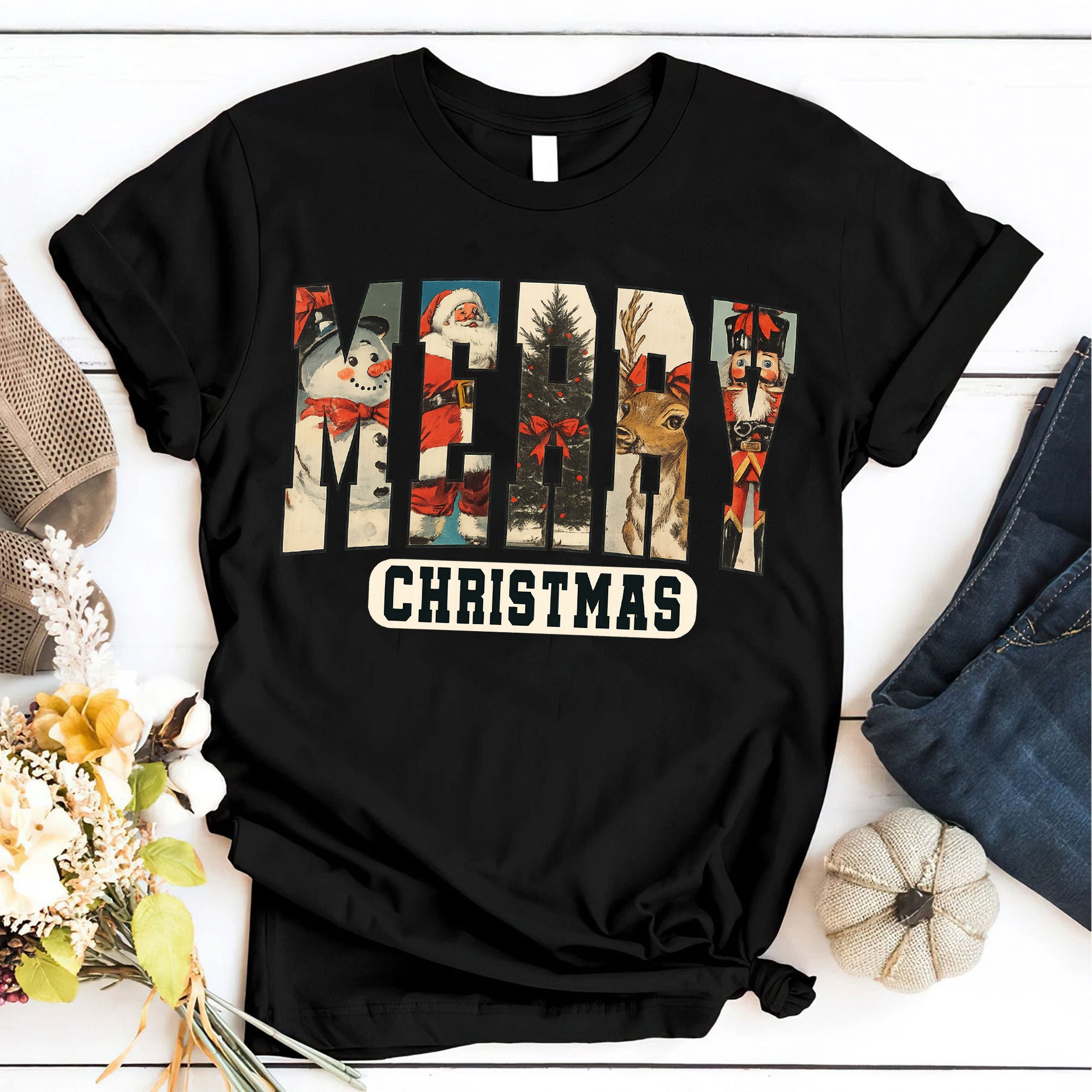 Vintage Merry Christmas T-Shirt – Festive Holiday Graphic Tee with Santa, Reindeer, Snowman and Classic Elements for Women
 - 6