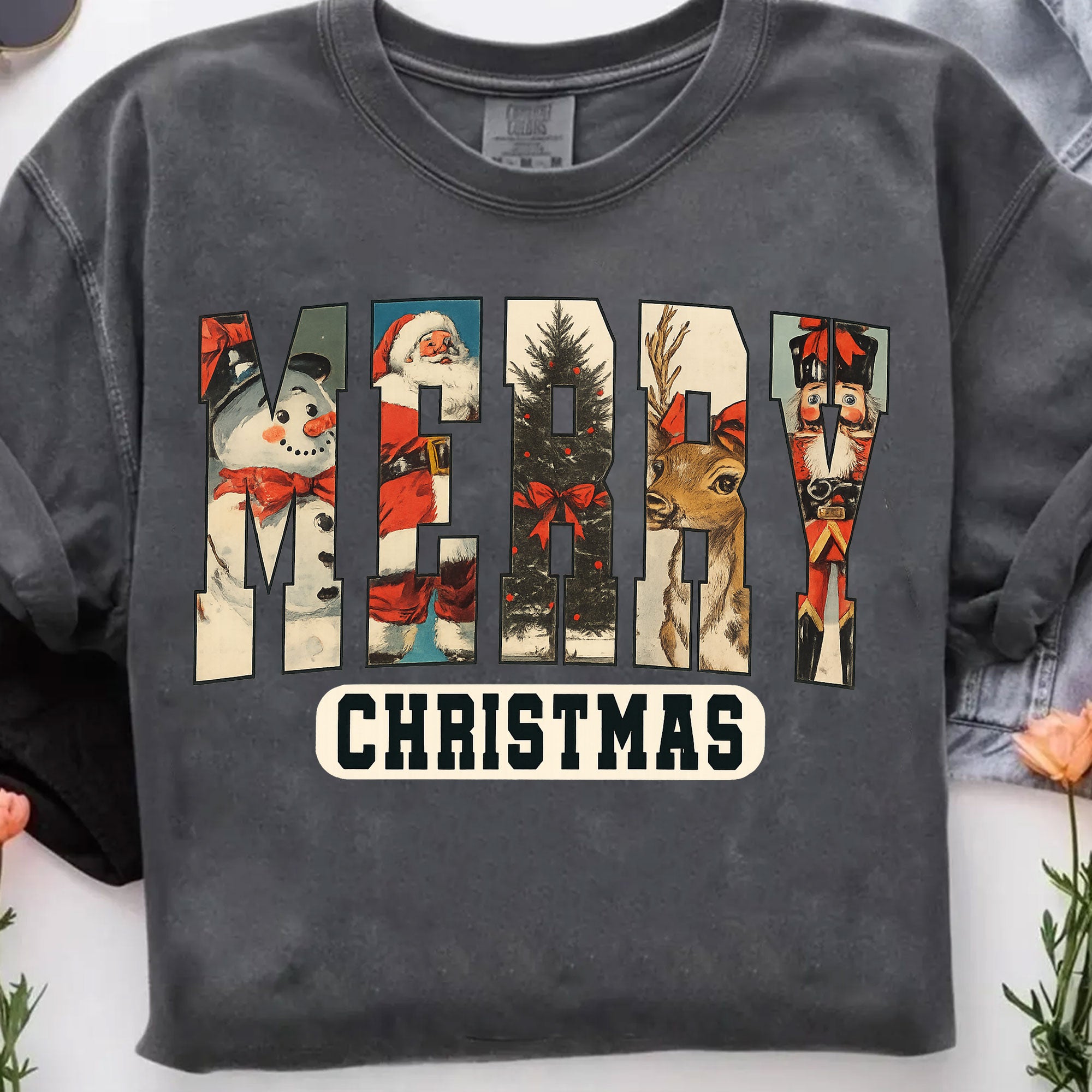 Vintage Merry Christmas T-Shirt – Festive Holiday Graphic Tee with Santa, Reindeer, Snowman and Classic Elements for Women
 - 7
