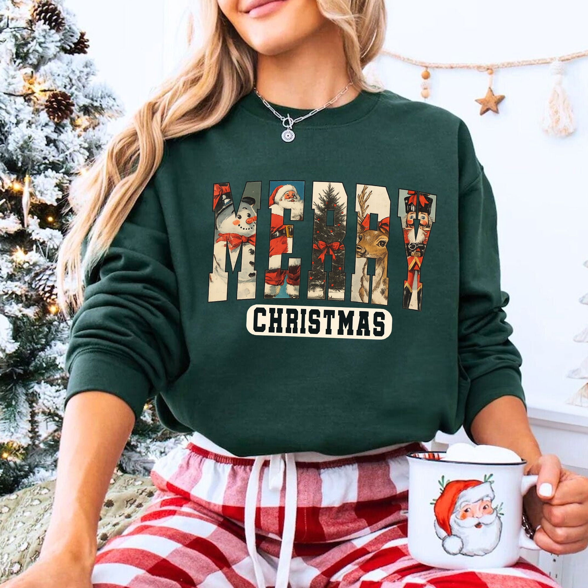 Vintage Merry Christmas T-Shirt – Festive Holiday Graphic Tee with Santa, Reindeer, Snowman and Classic Elements for Women
 - 8