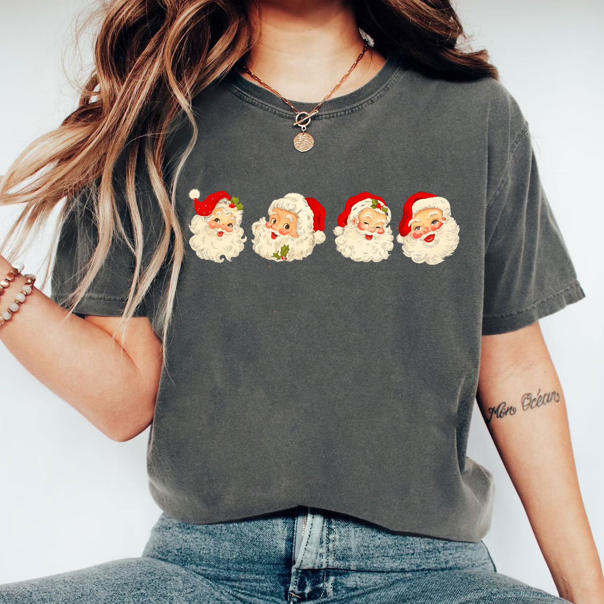 Vintage Santa Faces Graphic Tee for Women - Perfect Funny Christmas Holiday T-Shirt Gift - Cute Retro Style Short Sleeve
 - 1