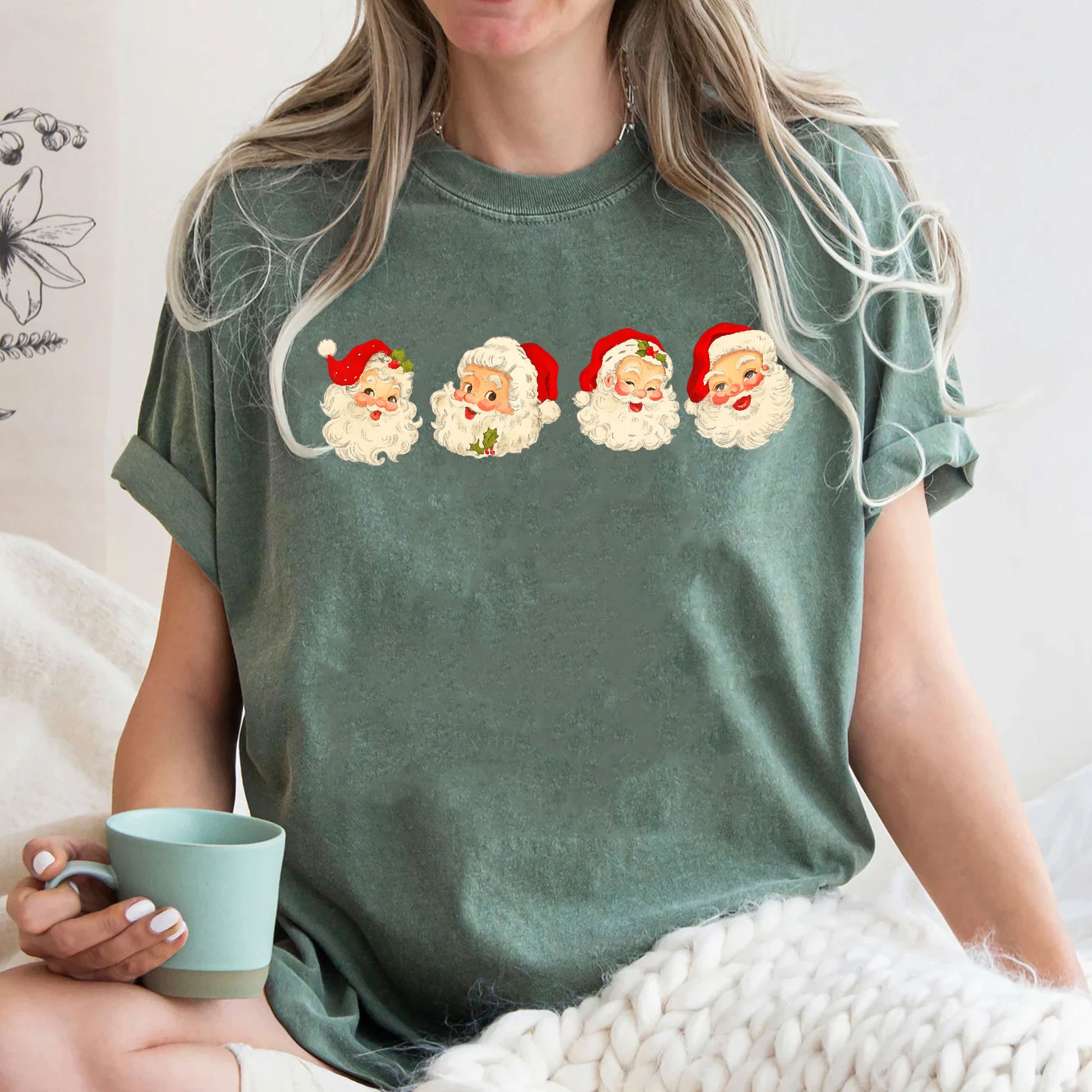 Vintage Santa Faces Graphic Tee for Women - Perfect Funny Christmas Holiday T-Shirt Gift - Cute Retro Style Short Sleeve
 - 3