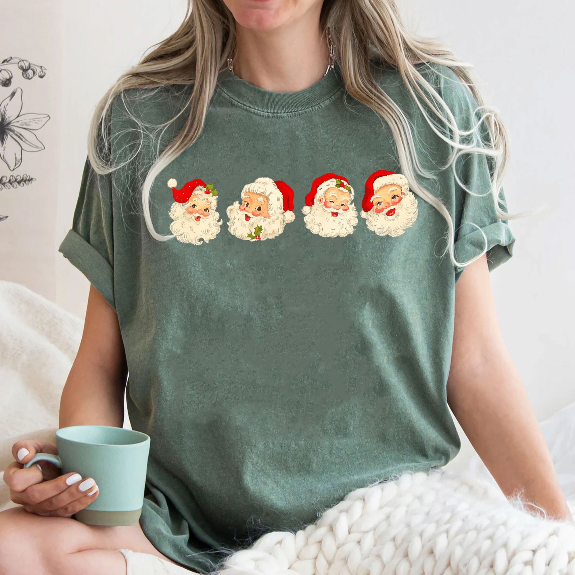 Vintage Santa Faces Graphic Tee for Women - Perfect Funny Christmas Holiday T-Shirt Gift - Cute Retro Style Short Sleeve
 - 3