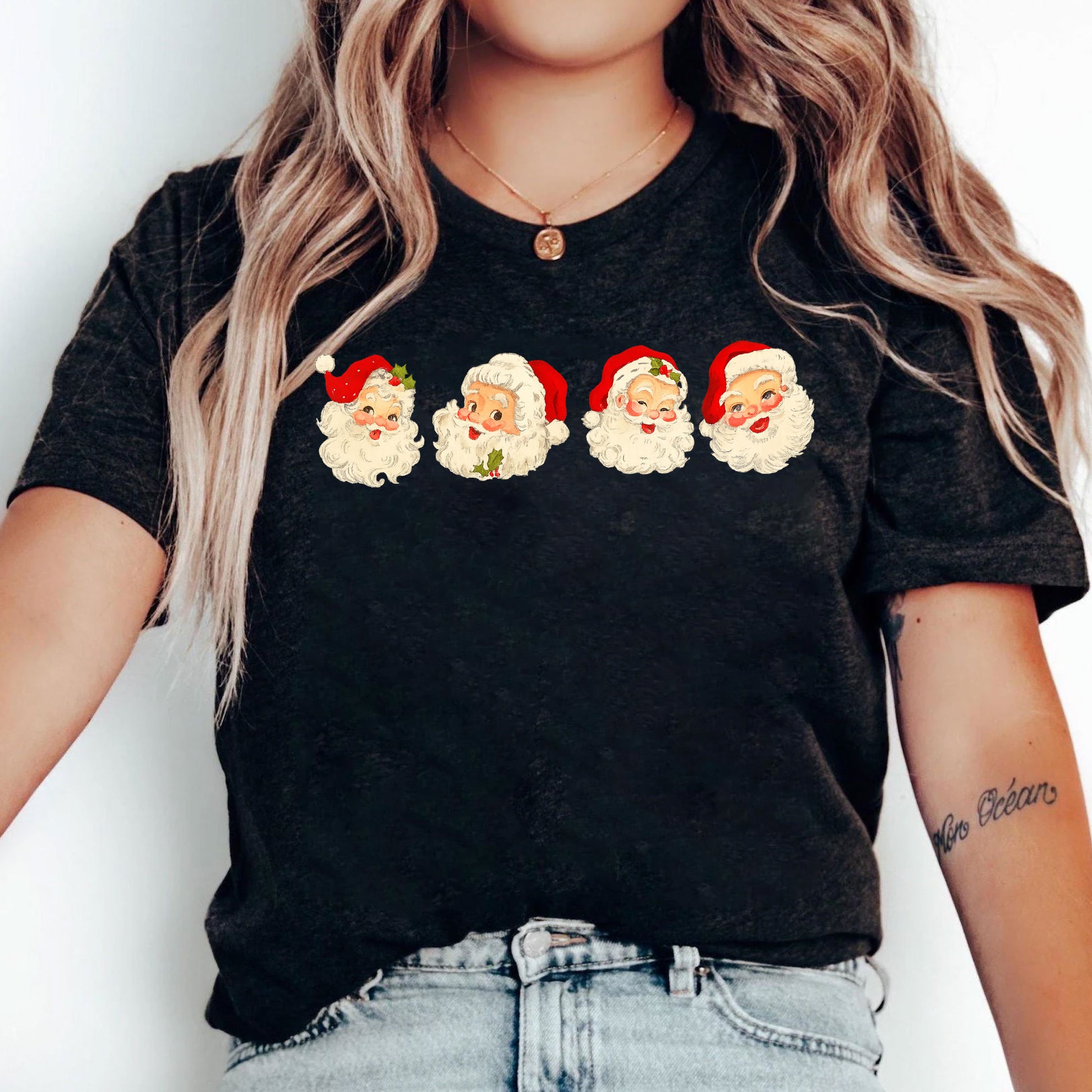 Vintage Santa Faces Graphic Tee for Women - Perfect Funny Christmas Holiday T-Shirt Gift - Cute Retro Style Short Sleeve
 - 5