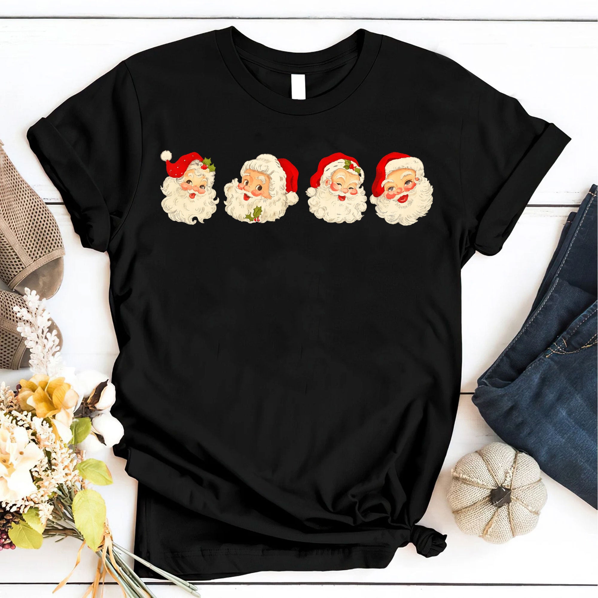 Vintage Santa Faces Graphic Tee for Women - Perfect Funny Christmas Holiday T-Shirt Gift - Cute Retro Style Short Sleeve
 - 6