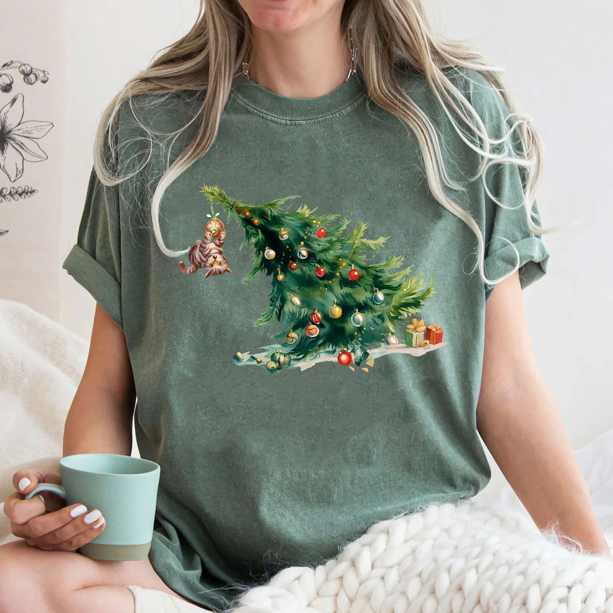 Whimsical Christmas Cat and Tree Graphic T-Shirt for Holiday Fun - Perfect Gift for Cat Lovers, Casual Festive Style for Women
 - 3