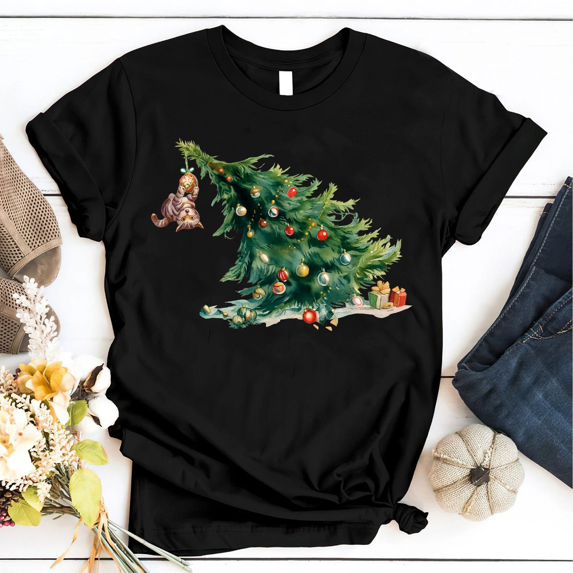 Whimsical Christmas Cat and Tree Graphic T-Shirt for Holiday Fun - Perfect Gift for Cat Lovers, Casual Festive Style for Women
 - 6