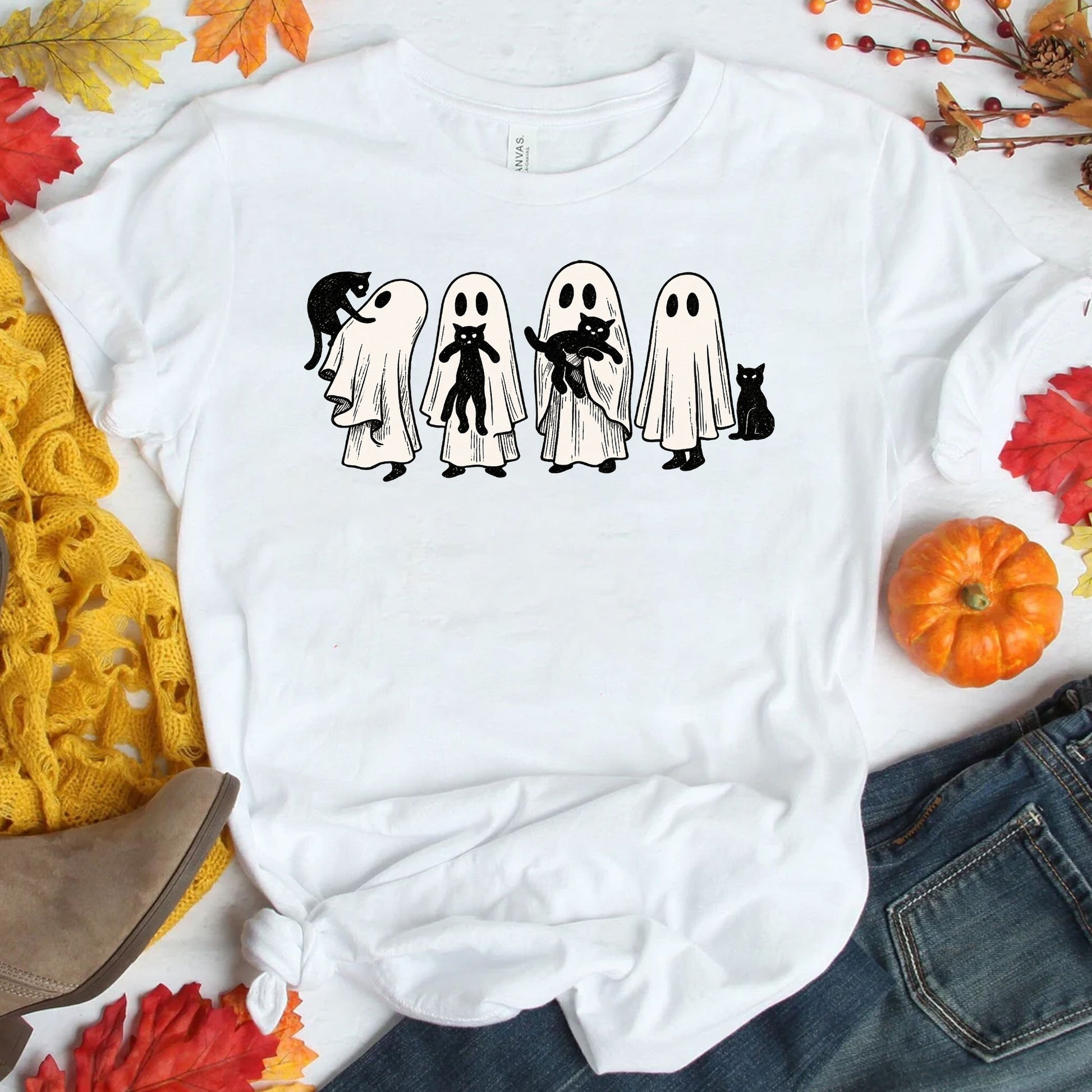 Whimsical Halloween Ghost Cat T-Shirt for Women – Cute Spooky Graphic Tee, Perfect Fall Top for Festive Halloween Celebrations
 - 1