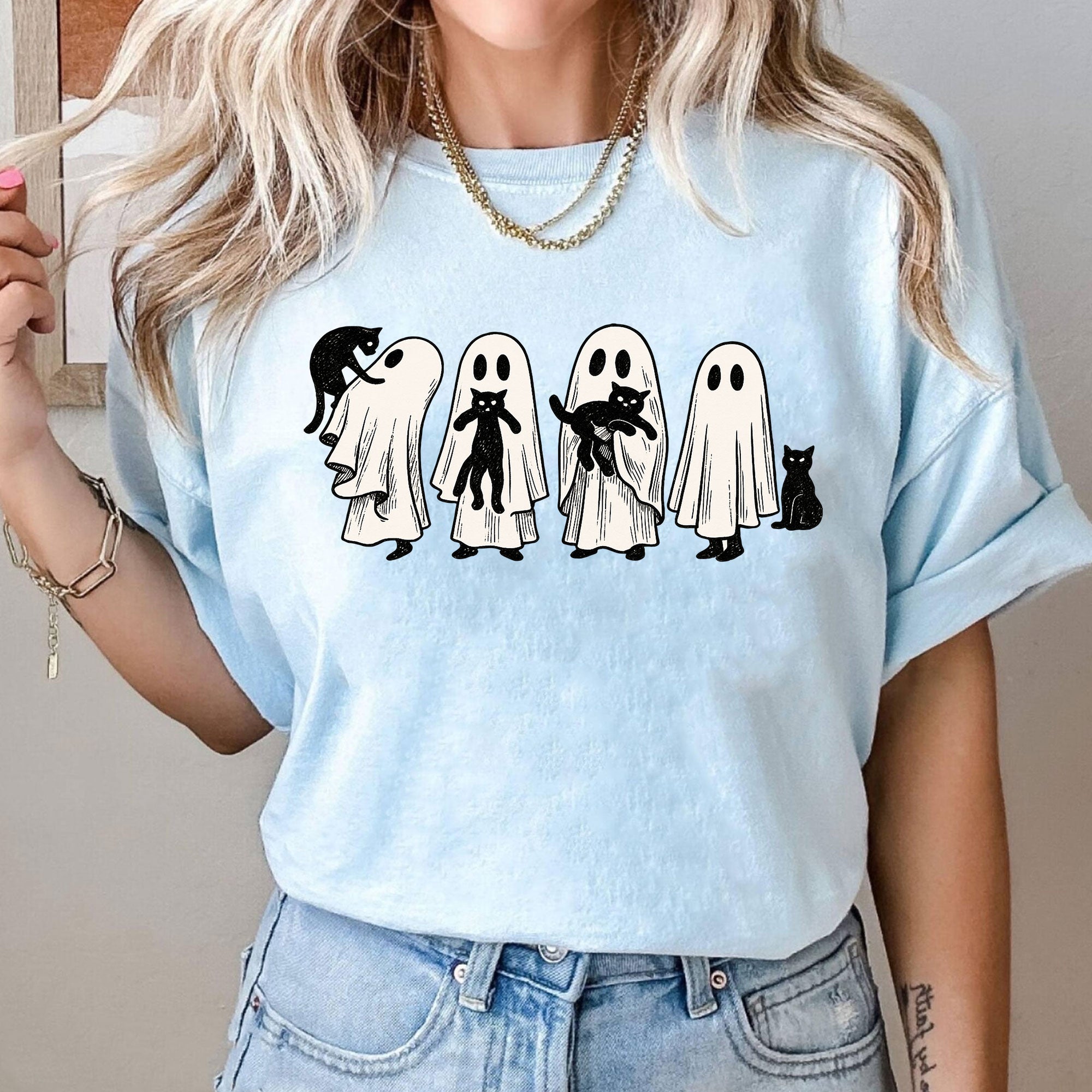 Whimsical Halloween Ghost Cat T-Shirt for Women – Cute Spooky Graphic Tee, Perfect Fall Top for Festive Halloween Celebrations
 - 10