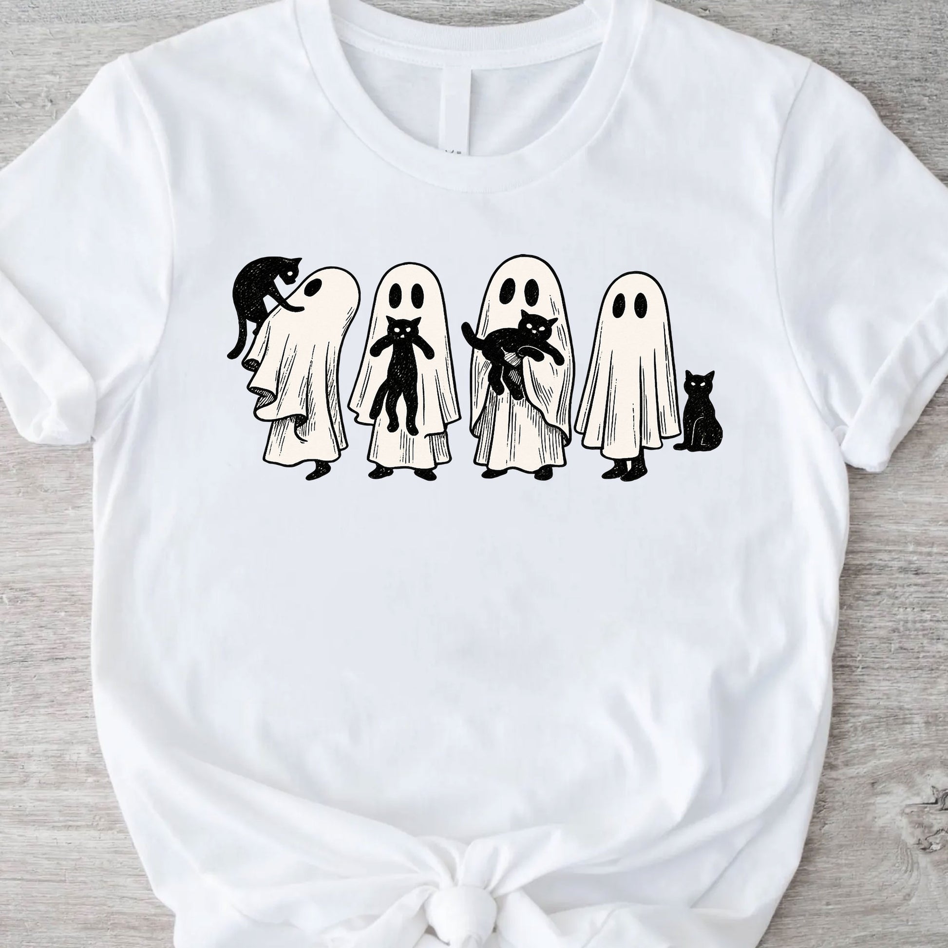 Whimsical Halloween Ghost Cat T-Shirt for Women – Cute Spooky Graphic Tee, Perfect Fall Top for Festive Halloween Celebrations
 - 11