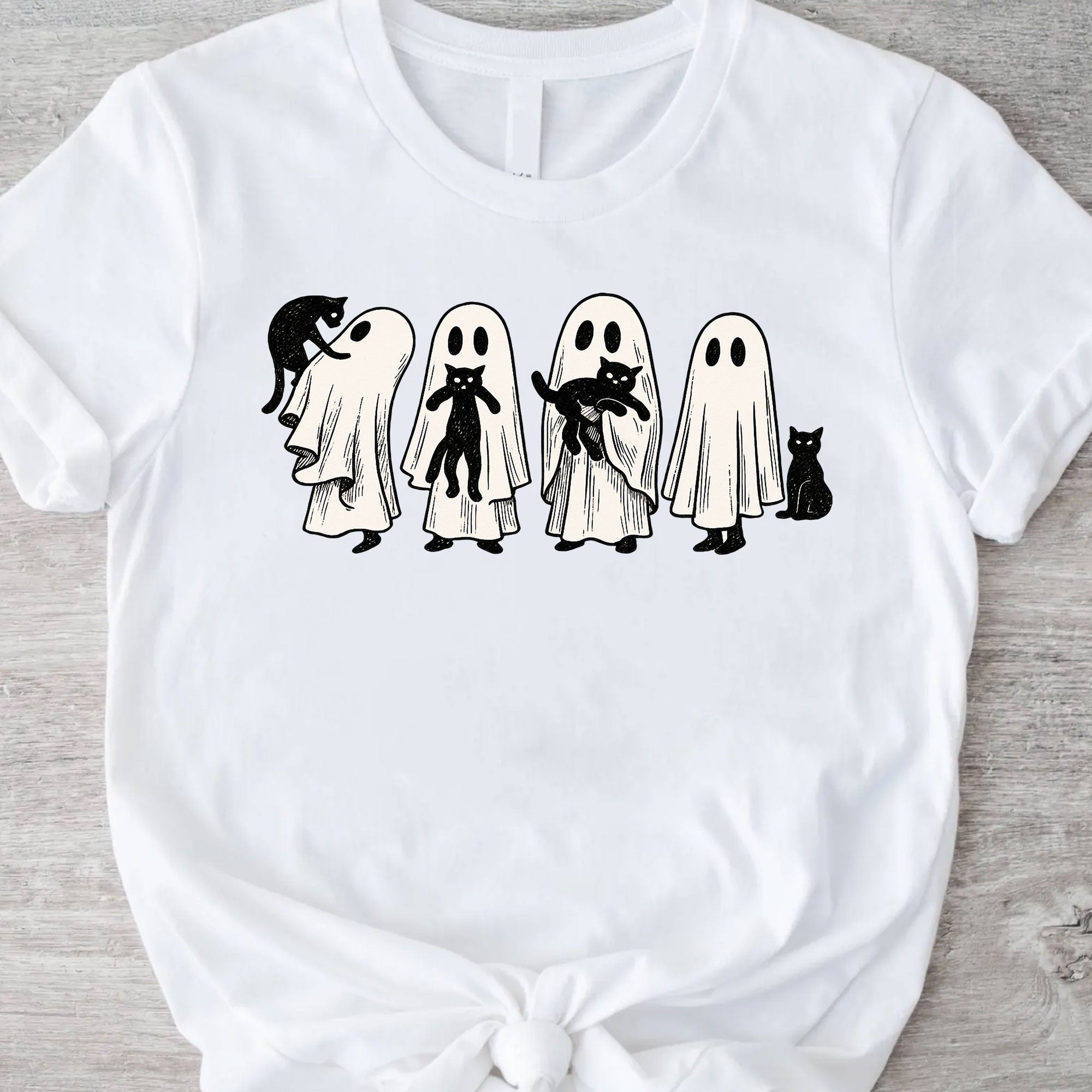 Whimsical Halloween Ghost Cat T-Shirt for Women – Cute Spooky Graphic Tee, Perfect Fall Top for Festive Halloween Celebrations
 - 11