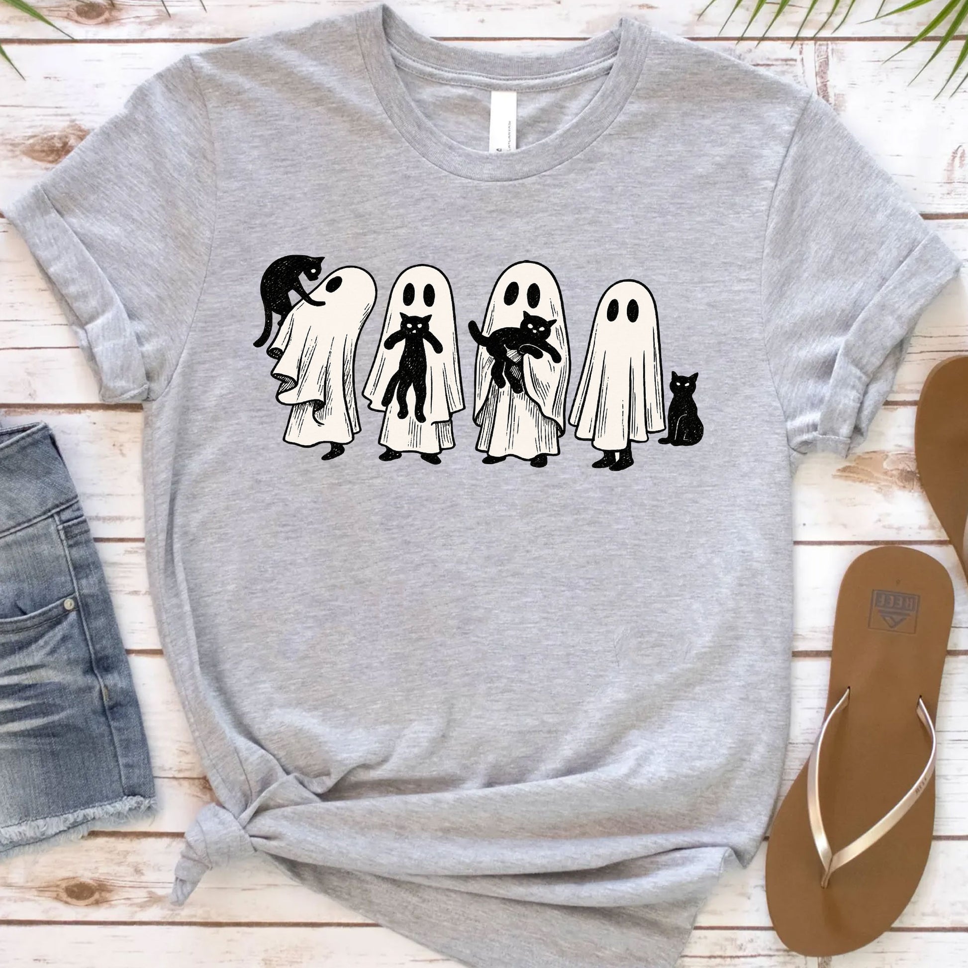Whimsical Halloween Ghost Cat T-Shirt for Women – Cute Spooky Graphic Tee, Perfect Fall Top for Festive Halloween Celebrations
 - 12