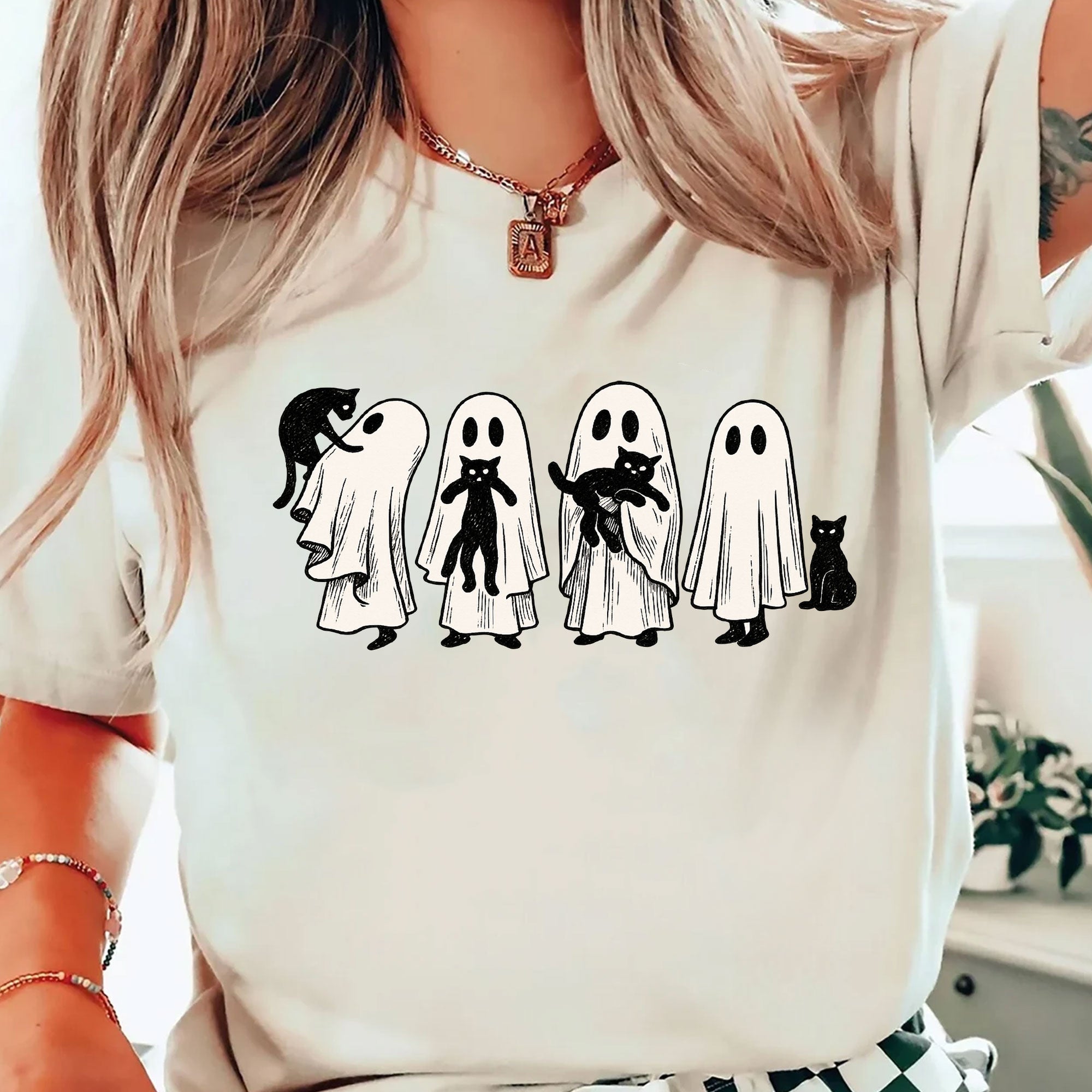 Whimsical Halloween Ghost Cat T-Shirt for Women – Cute Spooky Graphic Tee, Perfect Fall Top for Festive Halloween Celebrations
 - 2