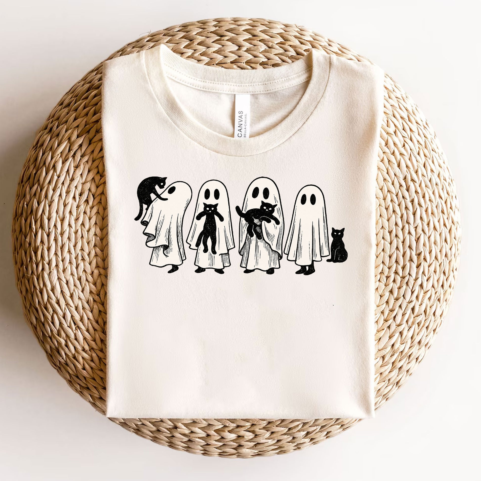 Whimsical Halloween Ghost Cat T-Shirt for Women – Cute Spooky Graphic Tee, Perfect Fall Top for Festive Halloween Celebrations
 - 3