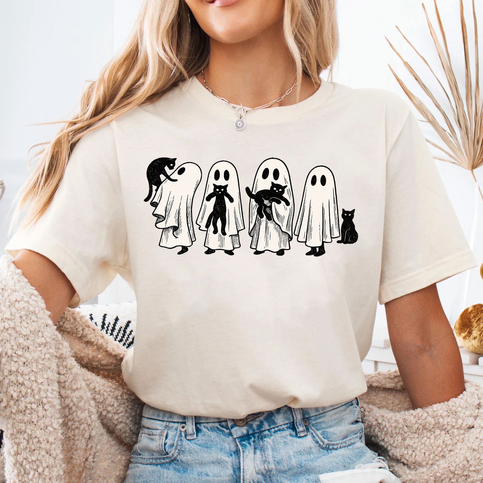 Whimsical Halloween Ghost Cat T-Shirt for Women – Cute Spooky Graphic Tee, Perfect Fall Top for Festive Halloween Celebrations
 - 4