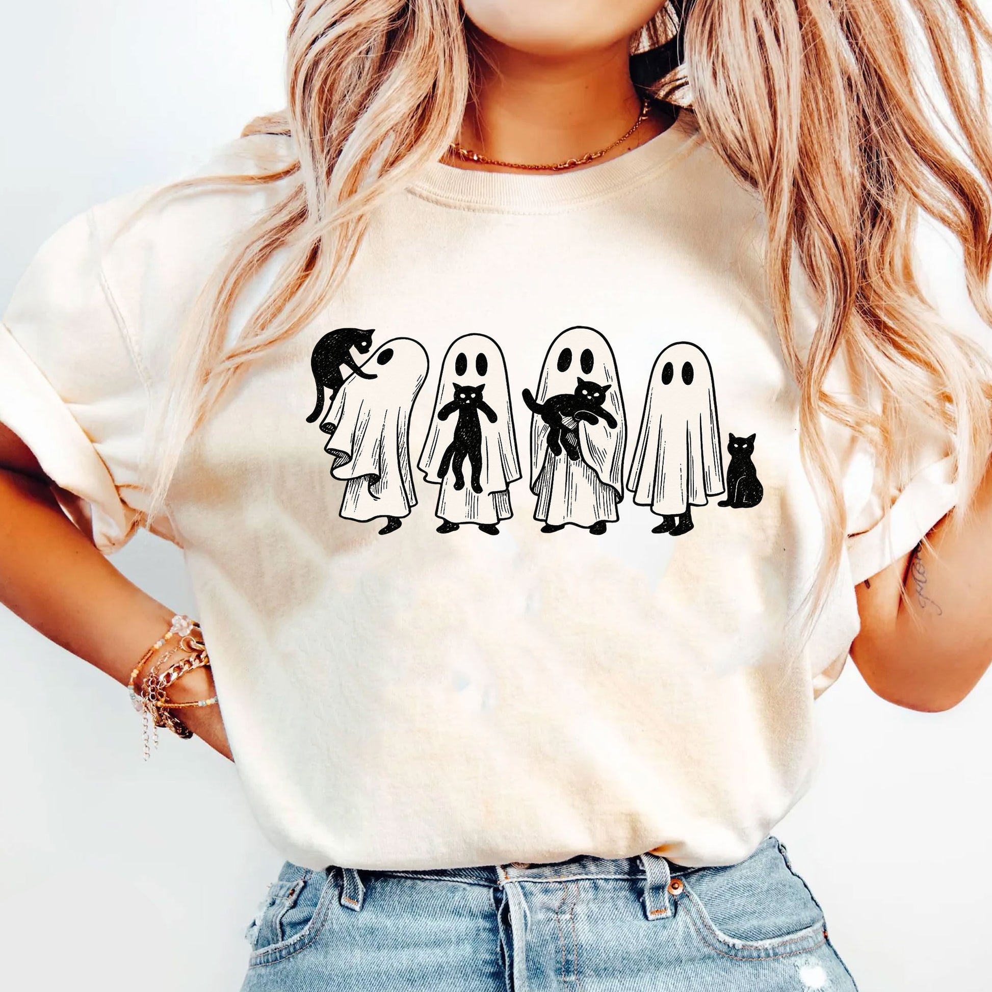 Whimsical Halloween Ghost Cat T-Shirt for Women – Cute Spooky Graphic Tee, Perfect Fall Top for Festive Halloween Celebrations
 - 5