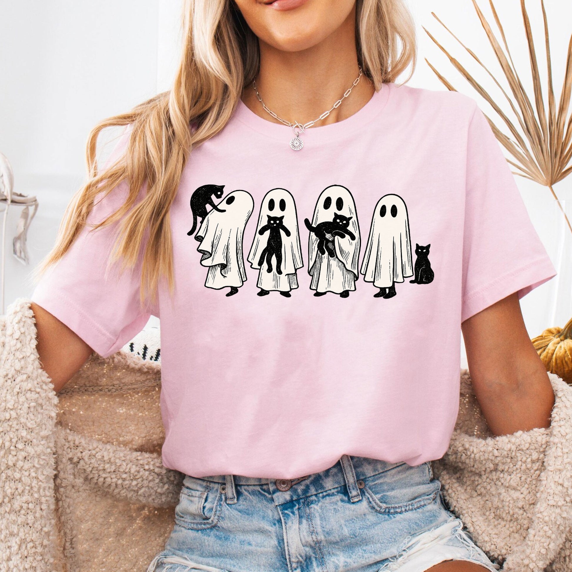 Whimsical Halloween Ghost Cat T-Shirt for Women – Cute Spooky Graphic Tee, Perfect Fall Top for Festive Halloween Celebrations
 - 6