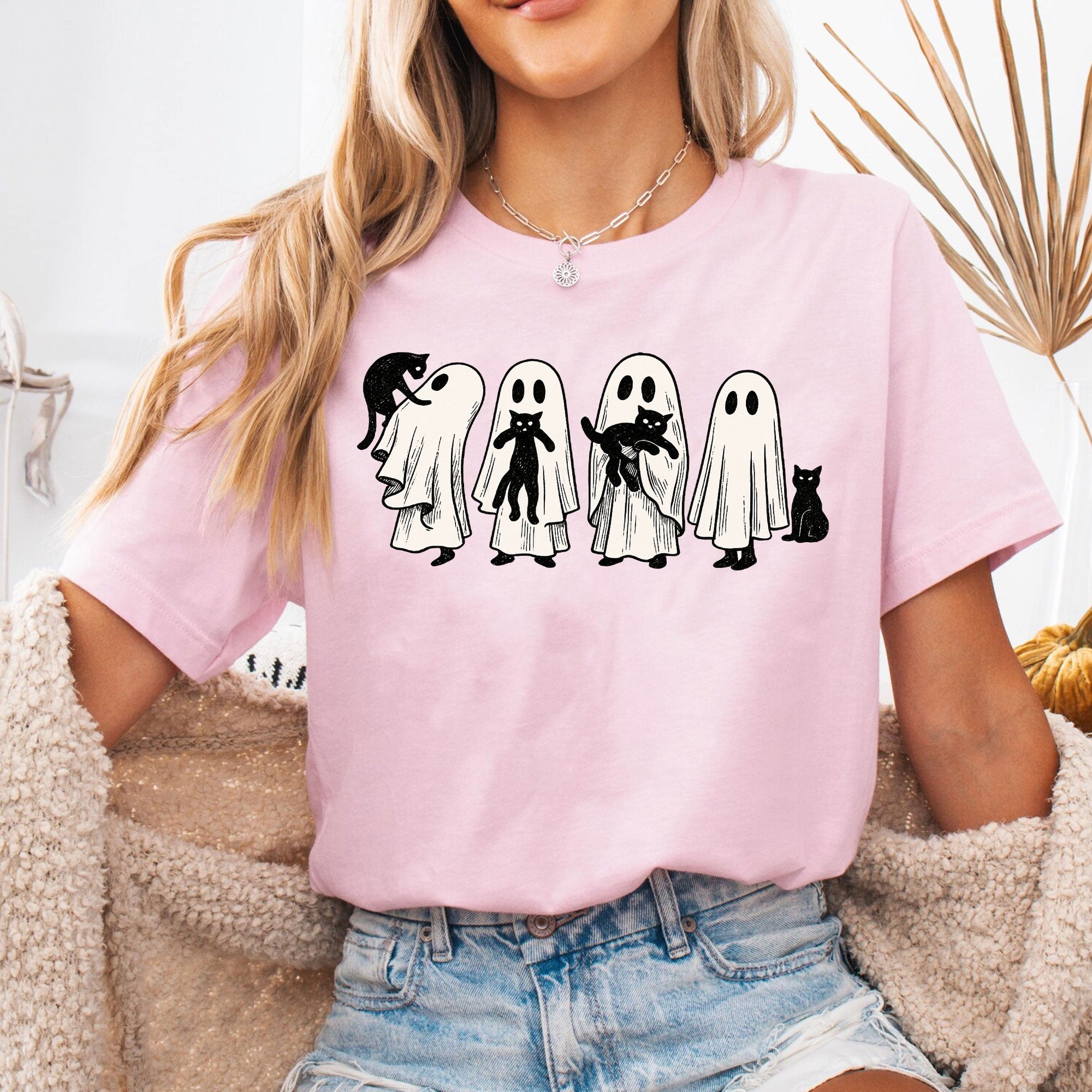 Whimsical Halloween Ghost Cat T-Shirt for Women – Cute Spooky Graphic Tee, Perfect Fall Top for Festive Halloween Celebrations
 - 6