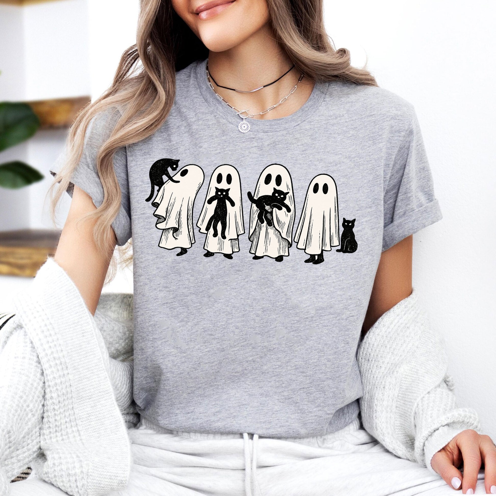 Whimsical Halloween Ghost Cat T-Shirt for Women – Cute Spooky Graphic Tee, Perfect Fall Top for Festive Halloween Celebrations
 - 7