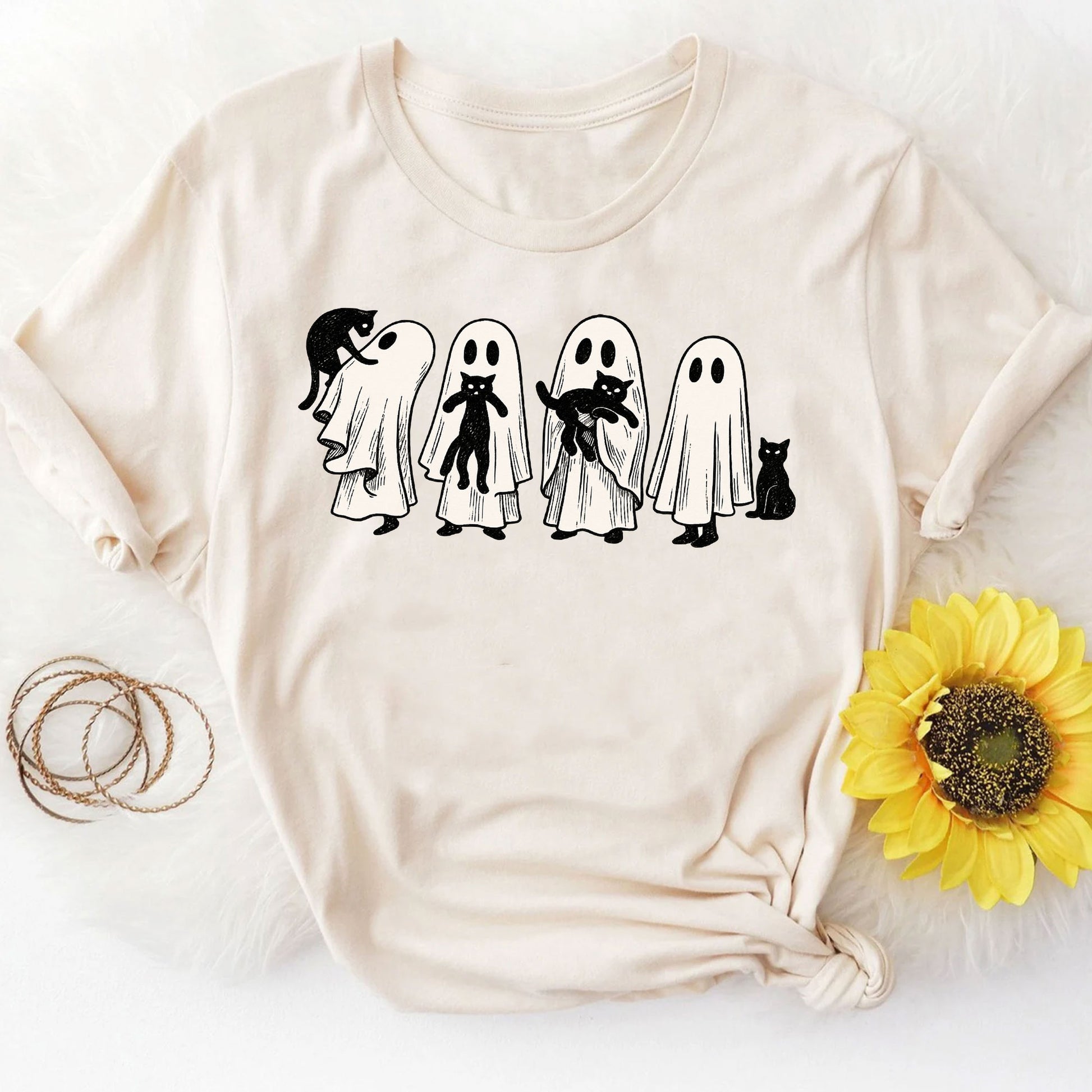 Whimsical Halloween Ghost Cat T-Shirt for Women – Cute Spooky Graphic Tee, Perfect Fall Top for Festive Halloween Celebrations
 - 8