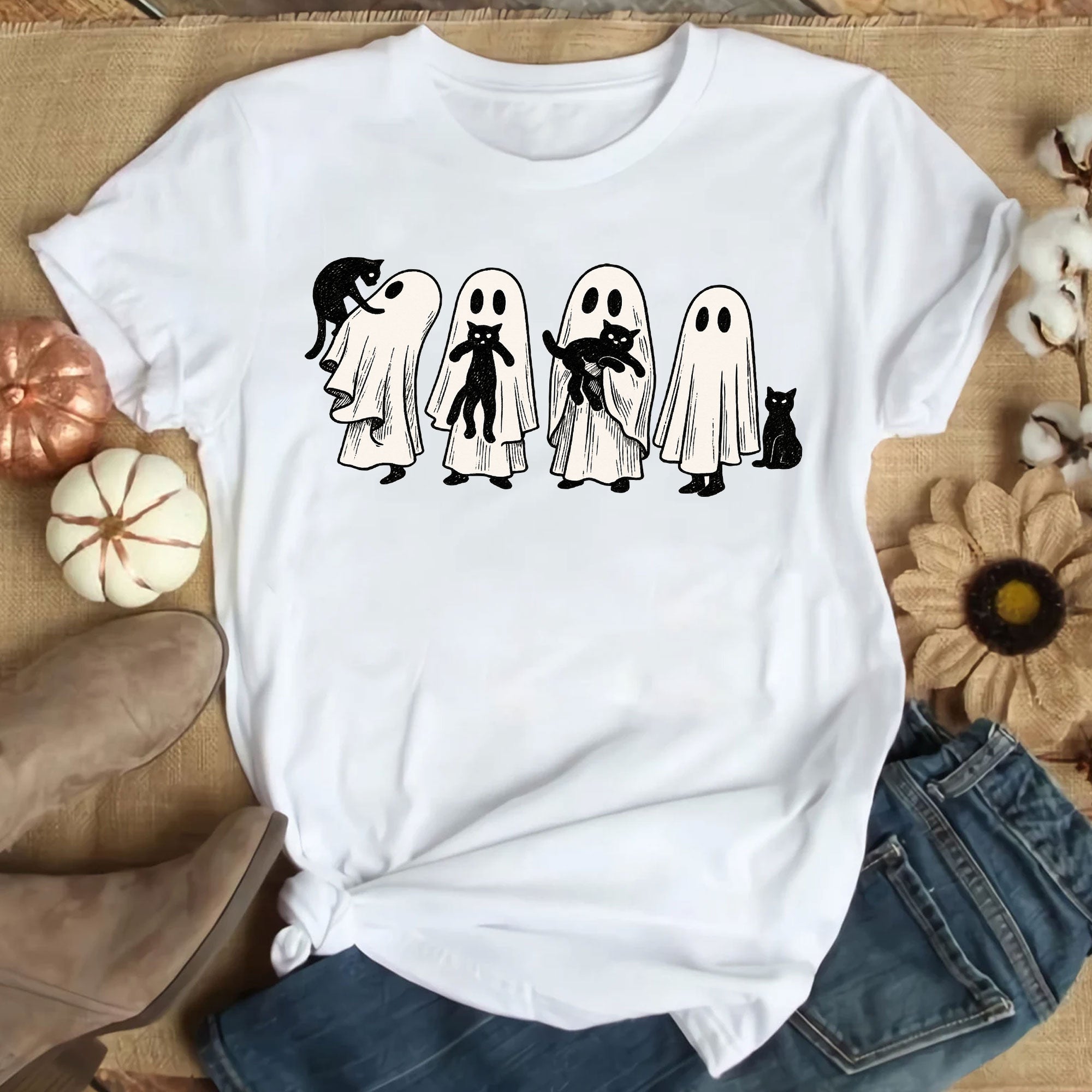 Whimsical Halloween Ghost Cat T-Shirt for Women – Cute Spooky Graphic Tee, Perfect Fall Top for Festive Halloween Celebrations
 - 9