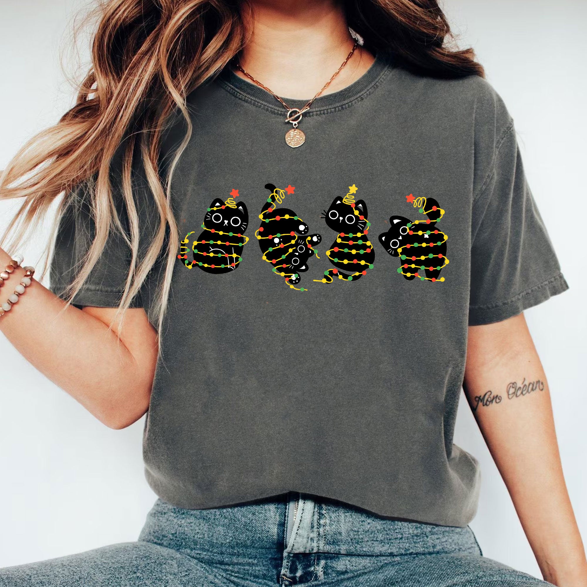 Women’s Festive Black Cat Christmas Lights T-Shirt | Cute Holiday Graphic Tee | Cozy Casual Outfit Perfect for Cat Lovers
 - 1